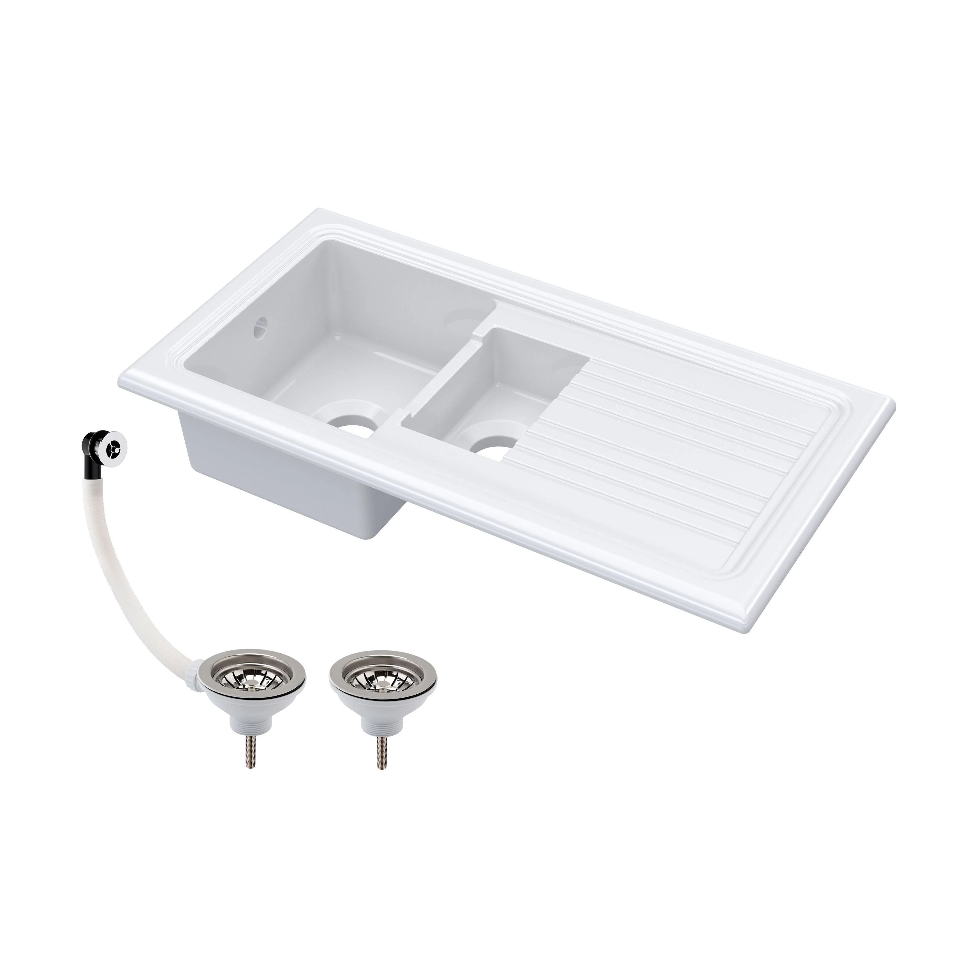 101cm 1.5 Bowl Fireclay Inset Kitchen Sink with Waste - 1010 x 525 x 235mm - Choice of Waste Finish