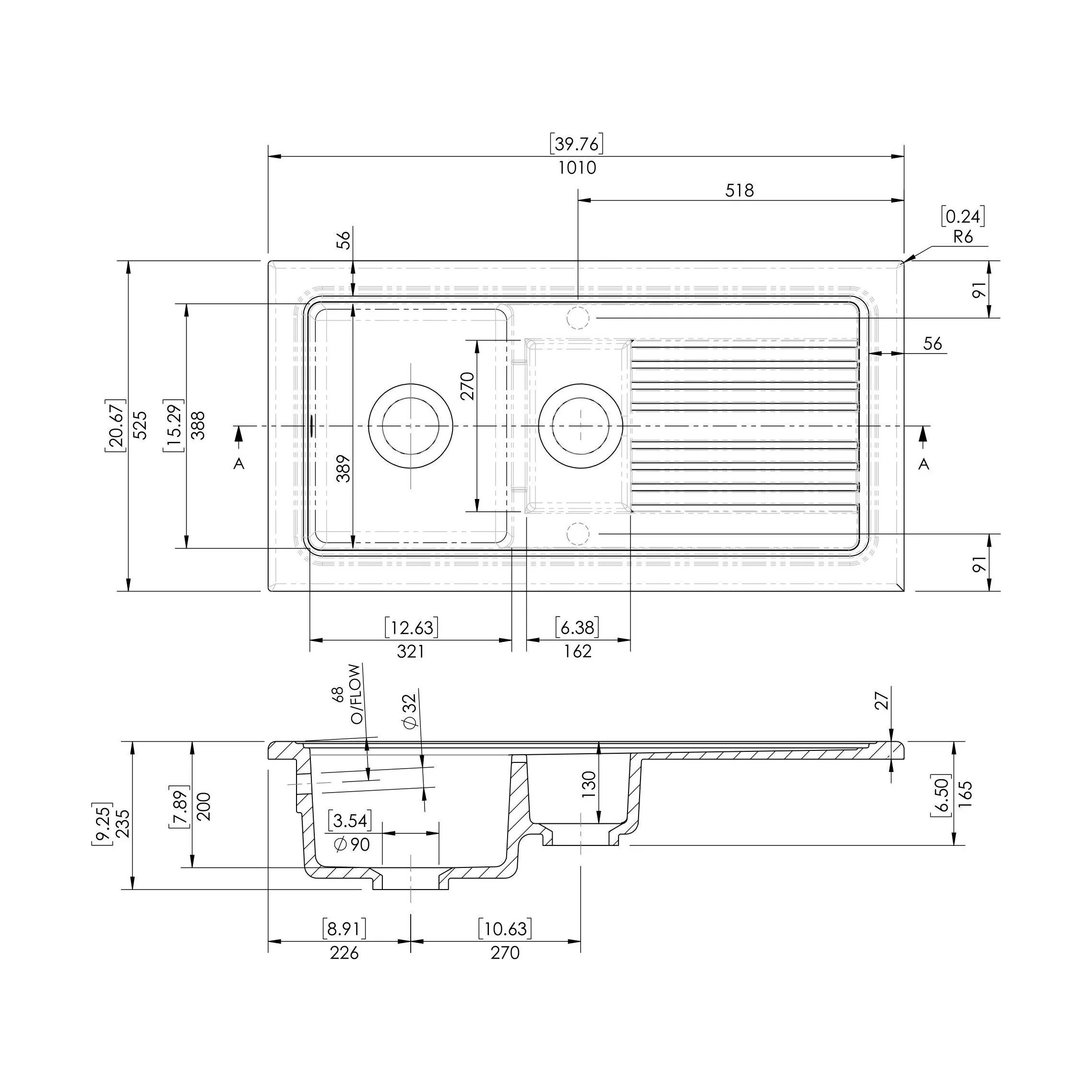 101cm 1.5 Bowl Fireclay Inset Kitchen Sink with Waste - 1010 x 525 x 235mm - Choice of Waste Finish - Image 10