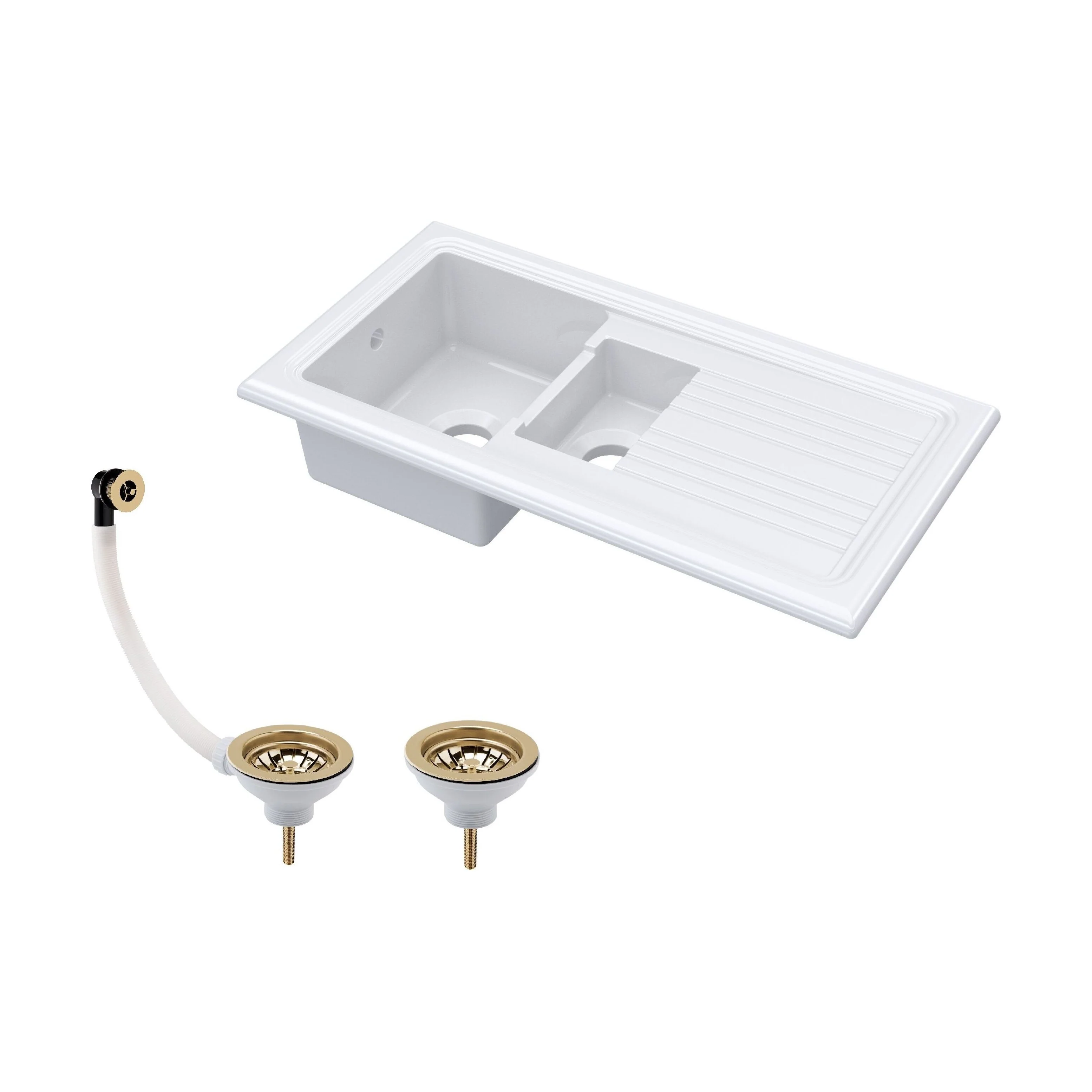 101cm 1.5 Bowl Fireclay Inset Kitchen Sink with Waste - 1010 x 525 x 235mm - Choice of Waste Finish - Image 2