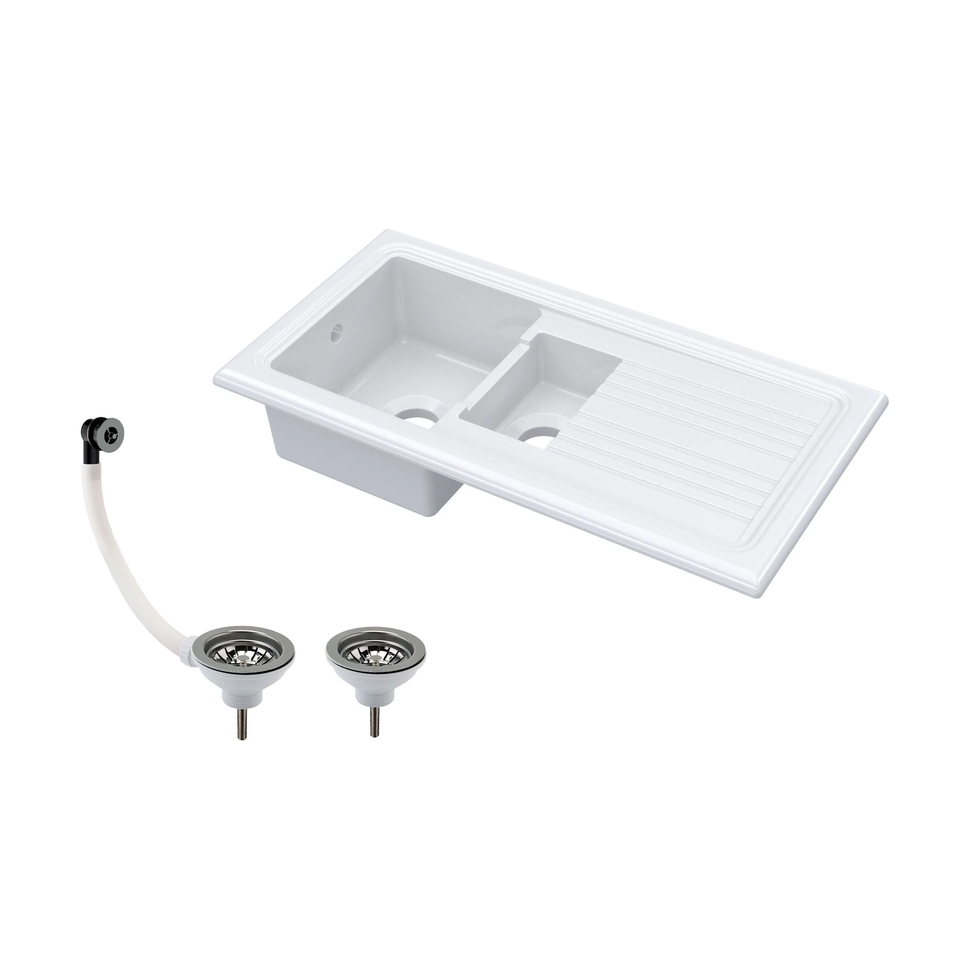 101cm 1.5 Bowl Fireclay Inset Kitchen Sink with Waste - 1010 x 525 x 235mm - Choice of Waste Finish - Image 3