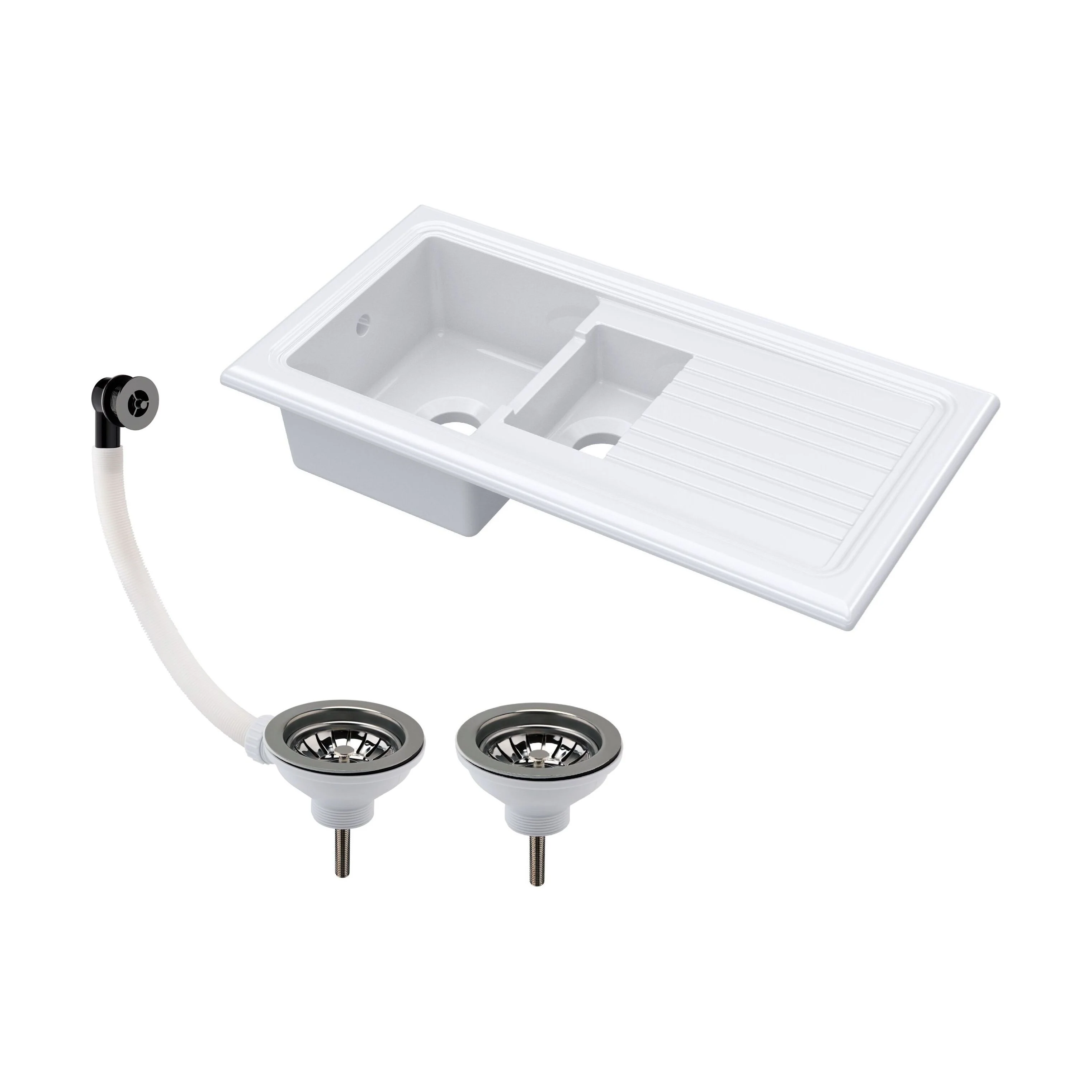 101cm 1.5 Bowl Fireclay Inset Kitchen Sink with Waste - 1010 x 525 x 235mm - Choice of Waste Finish - Image 4