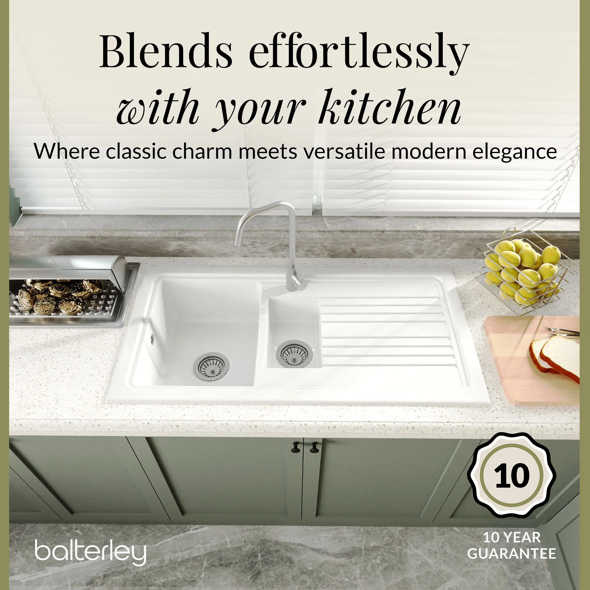 101cm 1.5 Bowl Fireclay Inset Kitchen Sink with Waste - 1010 x 525 x 235mm - Choice of Waste Finish - Image 6