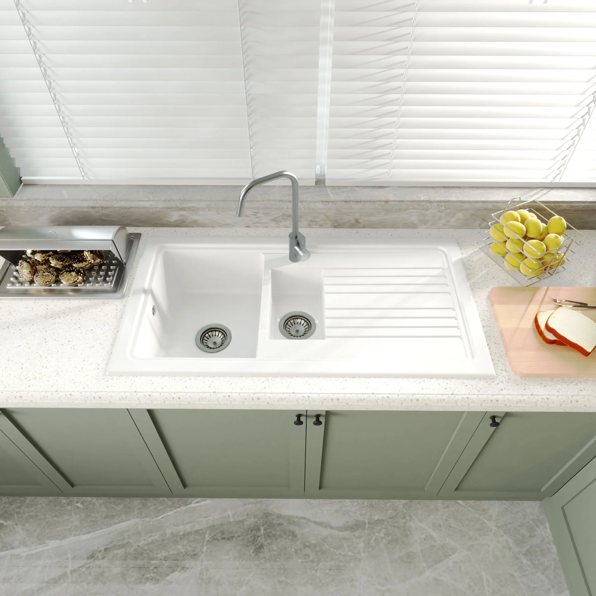 101cm 1.5 Bowl Fireclay Inset Kitchen Sink with Waste - 1010 x 525 x 235mm - Choice of Waste Finish - Image 9