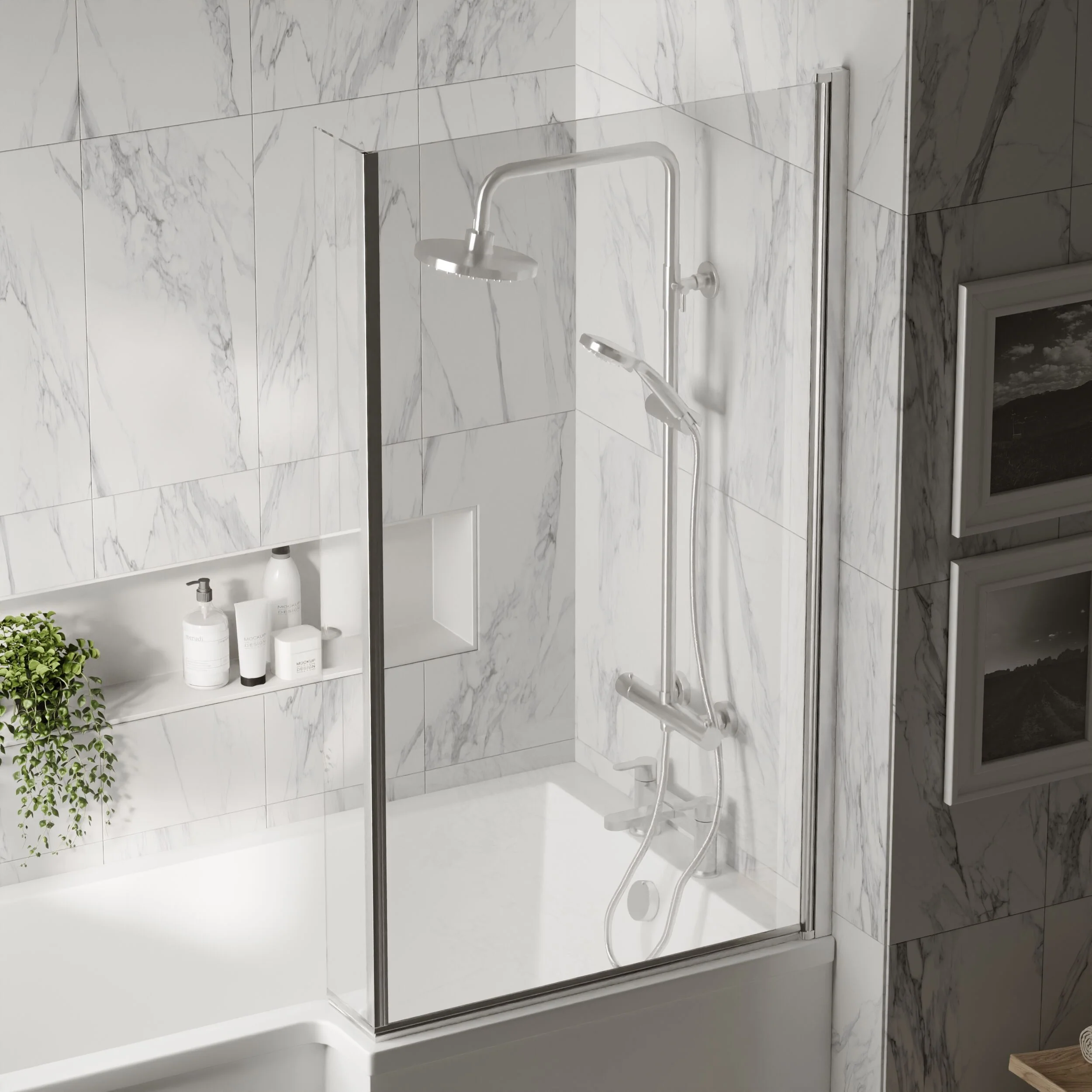 Contemporary 6mm Toughened Safety Glass Reversible L-Shaped Bath Screen Fixed - Image 3
