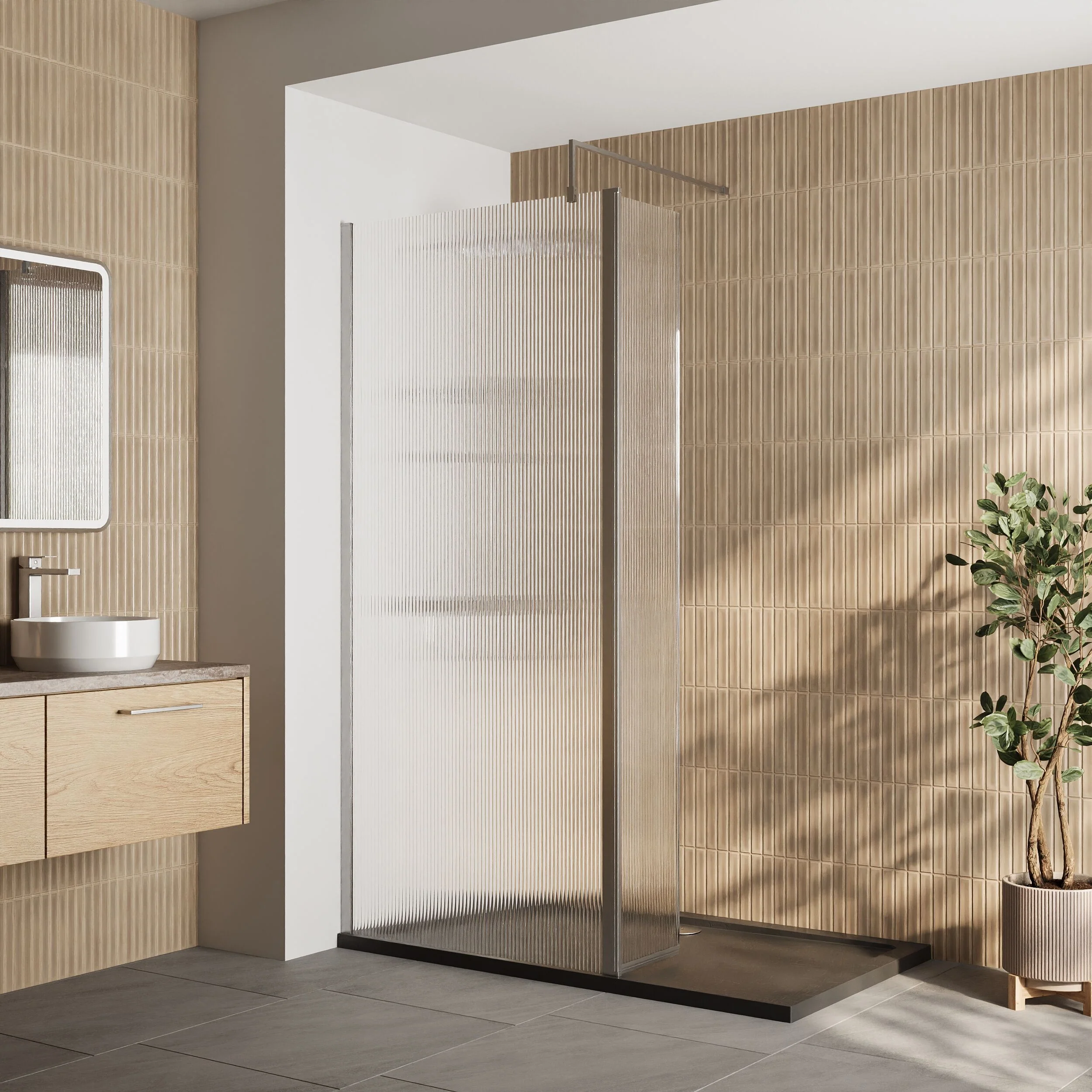 Contemporary 8mm Fluted Glass Walk In Wetroom Screen and Hinged Return Screen - Choice of Size and Finish - Image 16