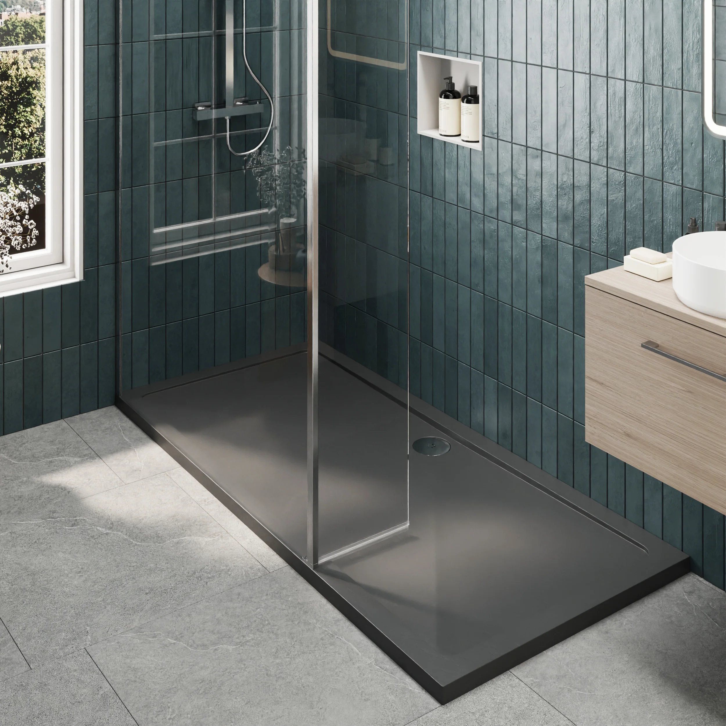 Contemporary 8mm Glass Walk In Wetroom Screen and Hinged Return Screen and Shower Tray - Choice of Size and Finish - Image 178