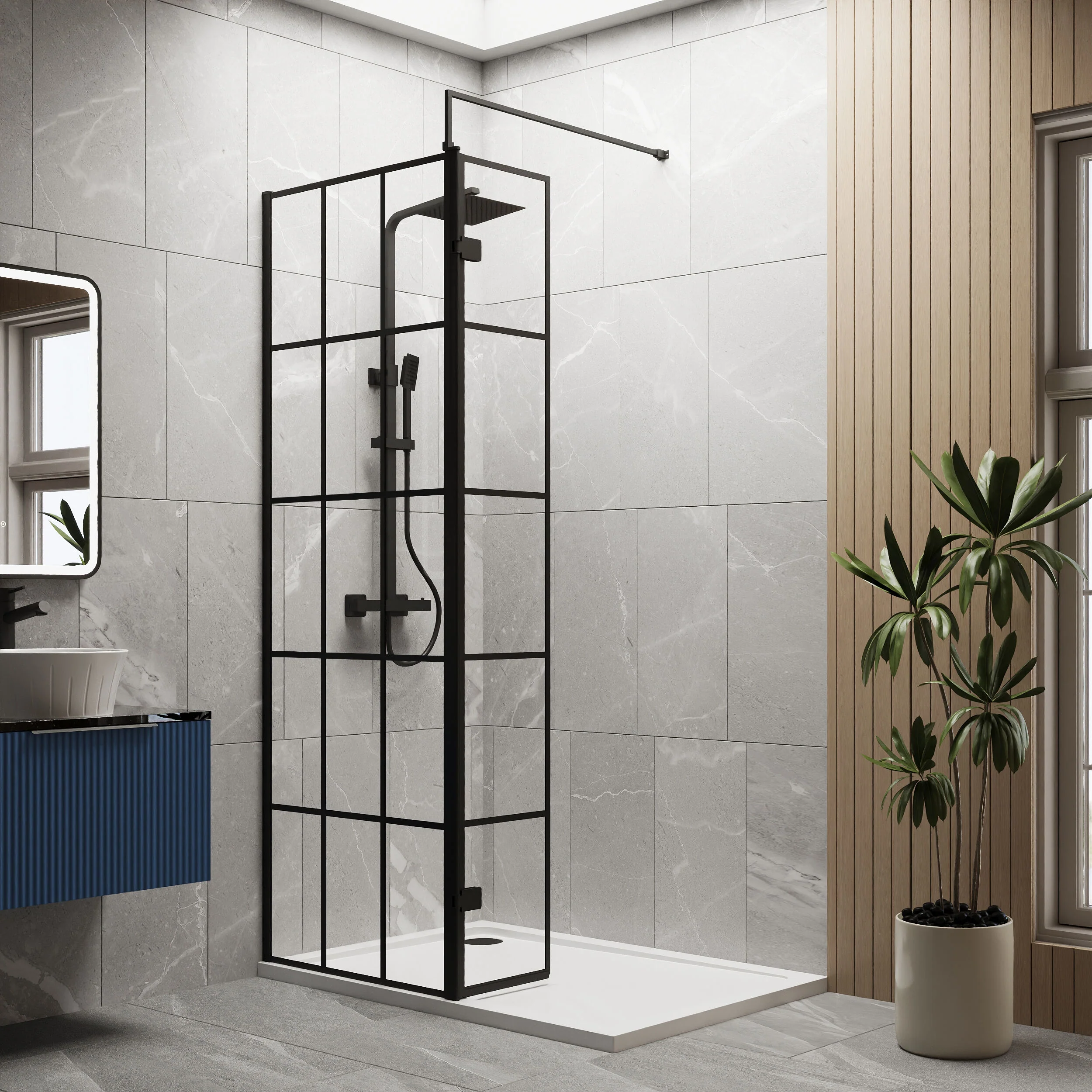 Contemporary 8mm Glass Walk In Wetroom Screen and Hinged Return Screen with Black Framed Design - Choice of Size - Image 19