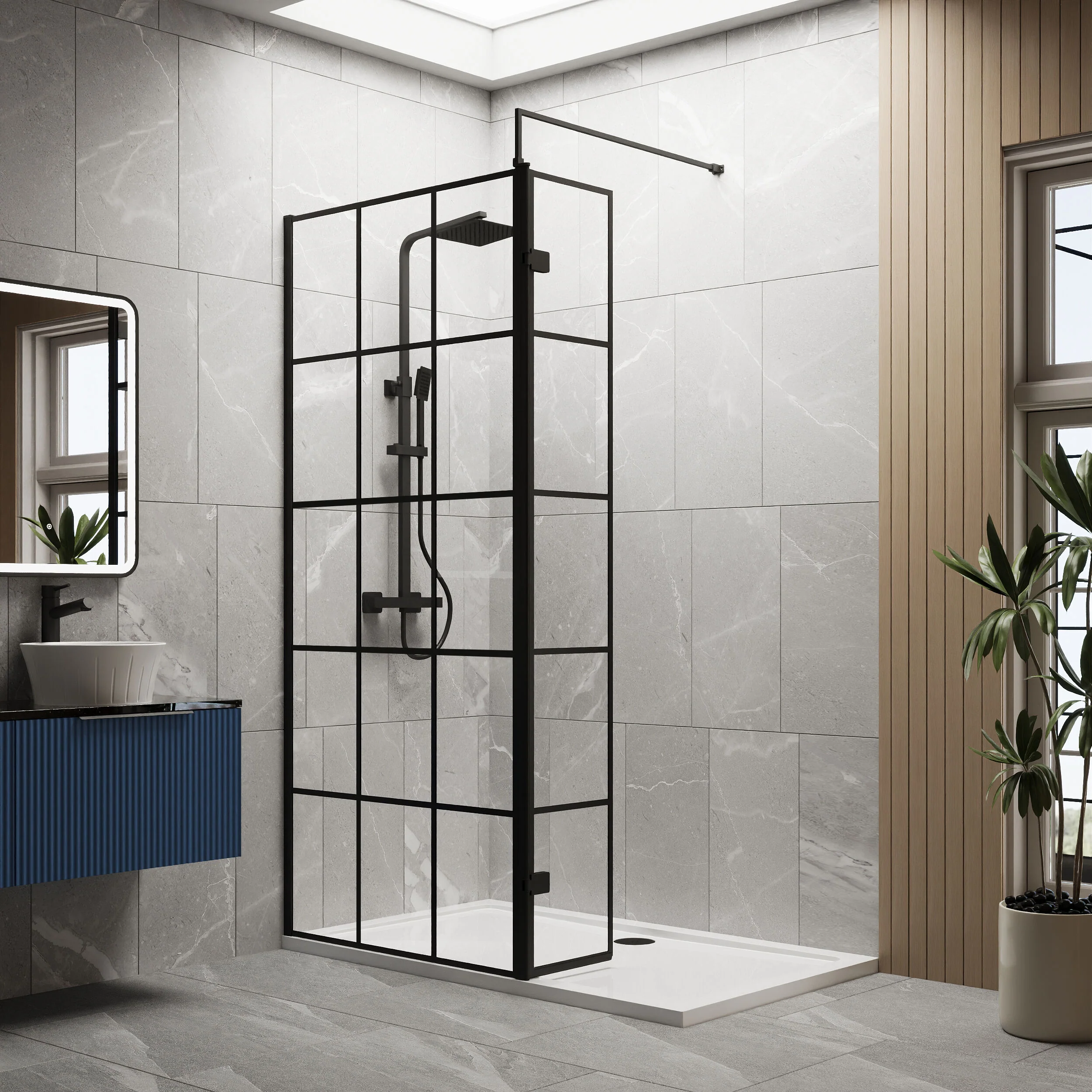 Contemporary 8mm Glass Walk In Wetroom Screen and Hinged Return Screen with Black Framed Design - Choice of Size - Image 23