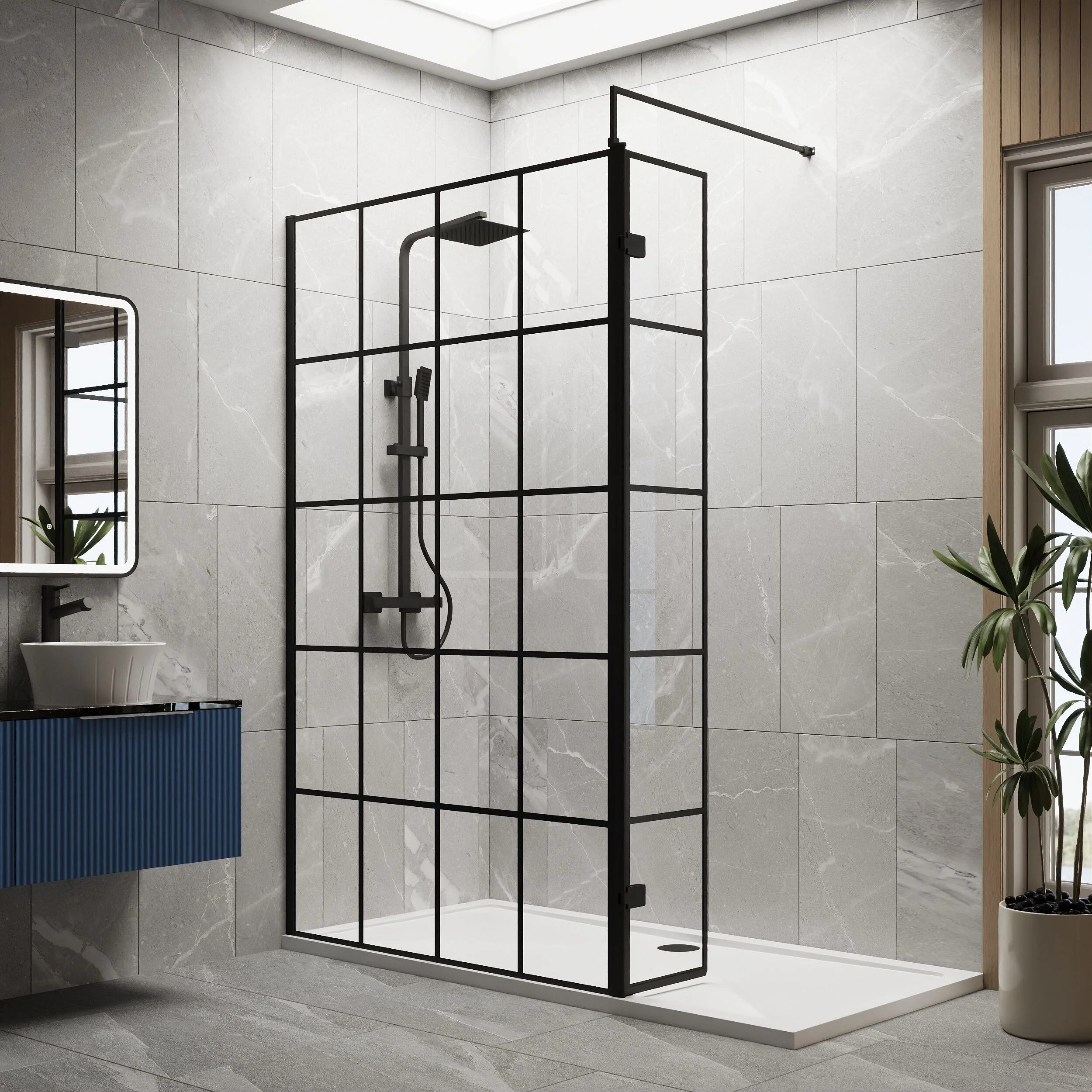 Contemporary 8mm Glass Walk In Wetroom Screen and Hinged Return Screen with Black Framed Design - Choice of Size - Image 29
