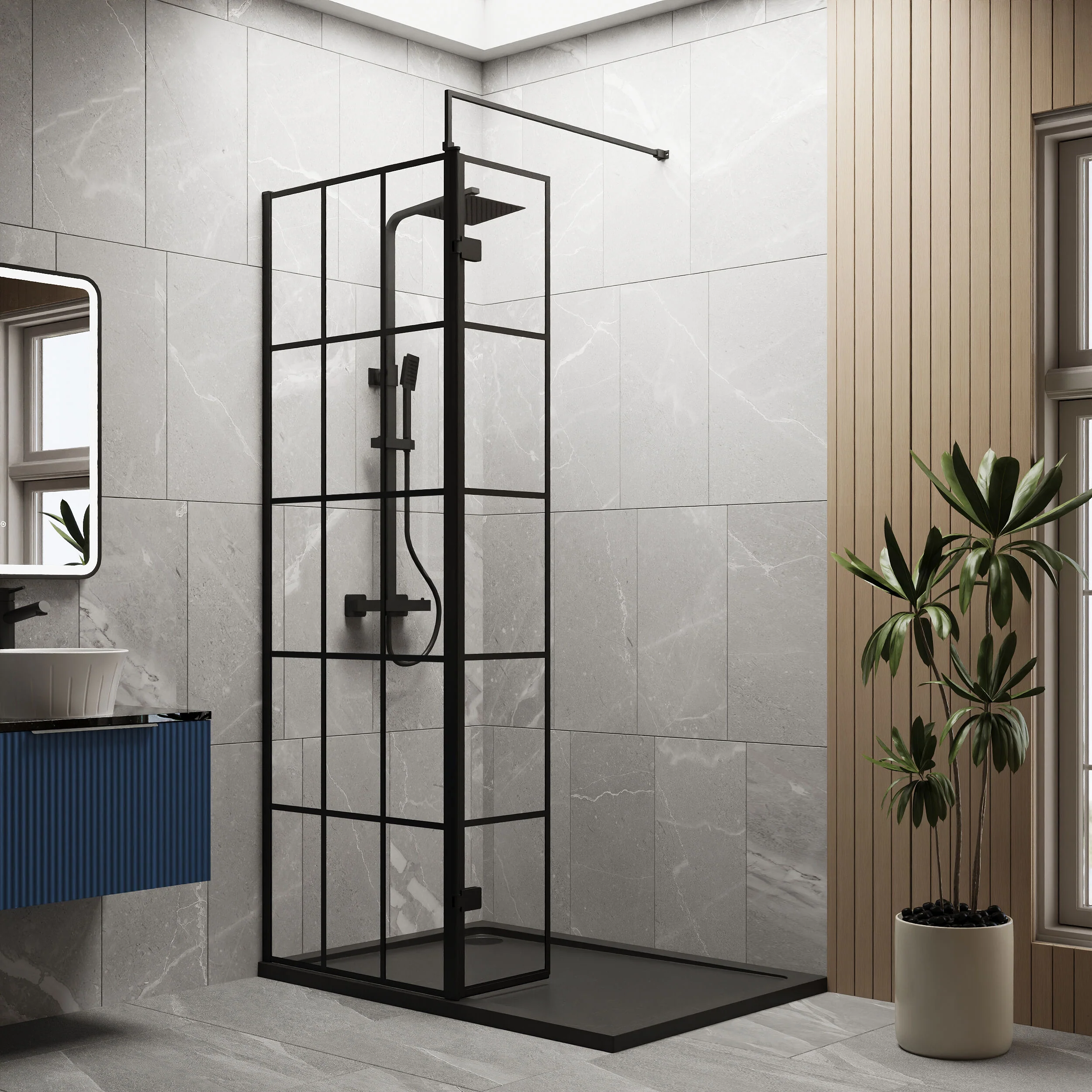 Contemporary 8mm Glass Walk In Wetroom Screen and Hinged Return Screen with Black Framed Design - Choice of Size - Image 31