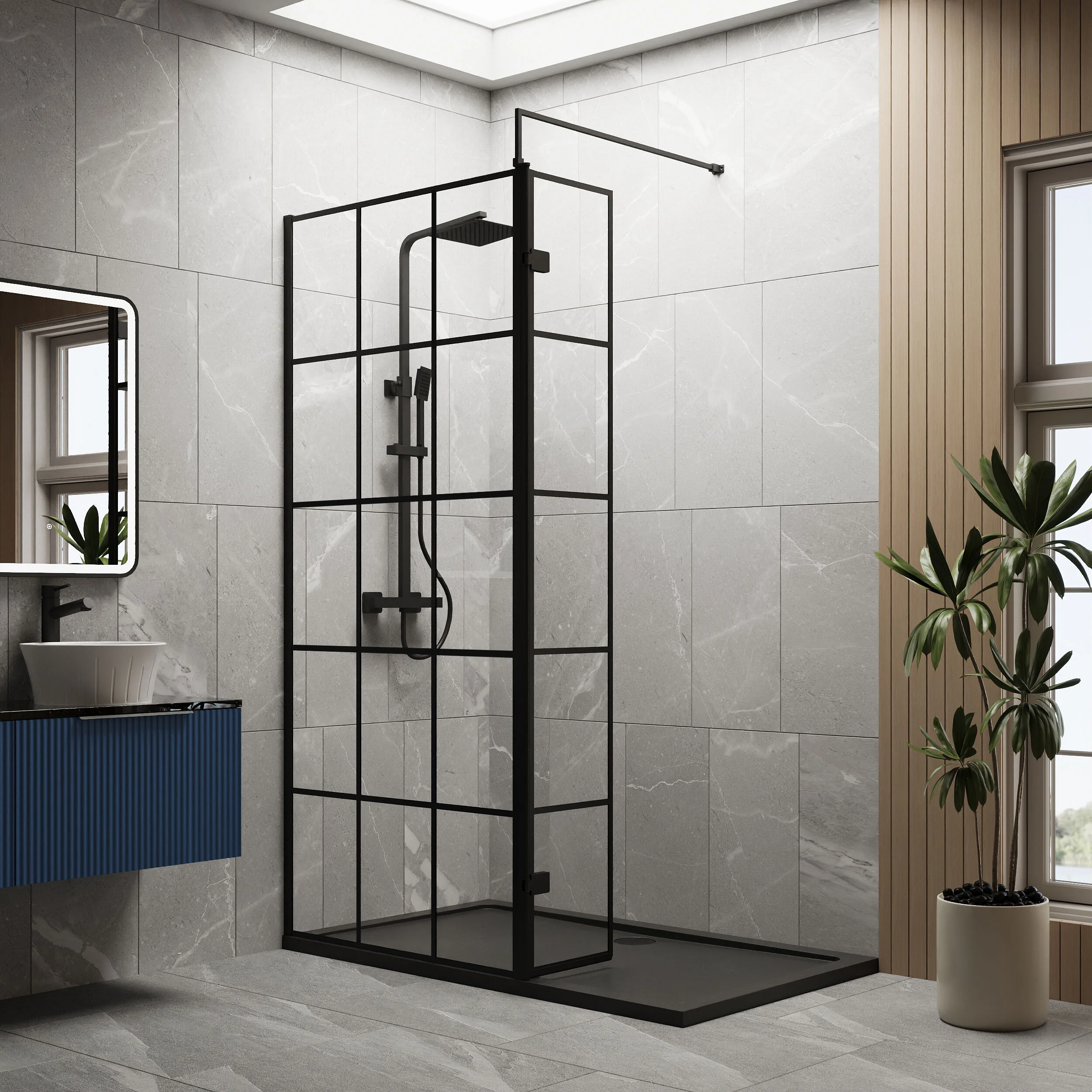 Contemporary 8mm Glass Walk In Wetroom Screen and Hinged Return Screen with Black Framed Design - Choice of Size - Image 37