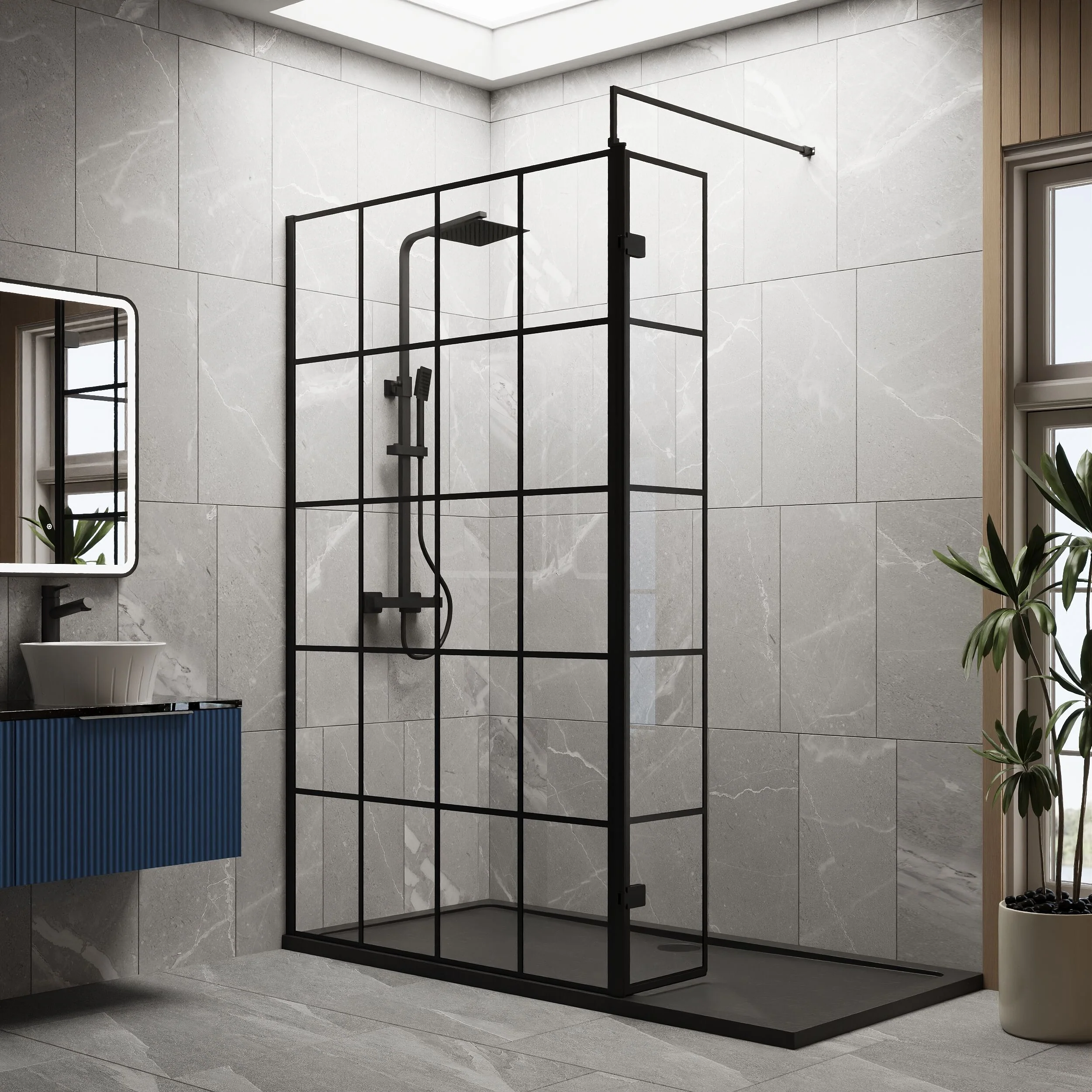 Contemporary 8mm Glass Walk In Wetroom Screen and Hinged Return Screen with Black Framed Design - Choice of Size - Image 38