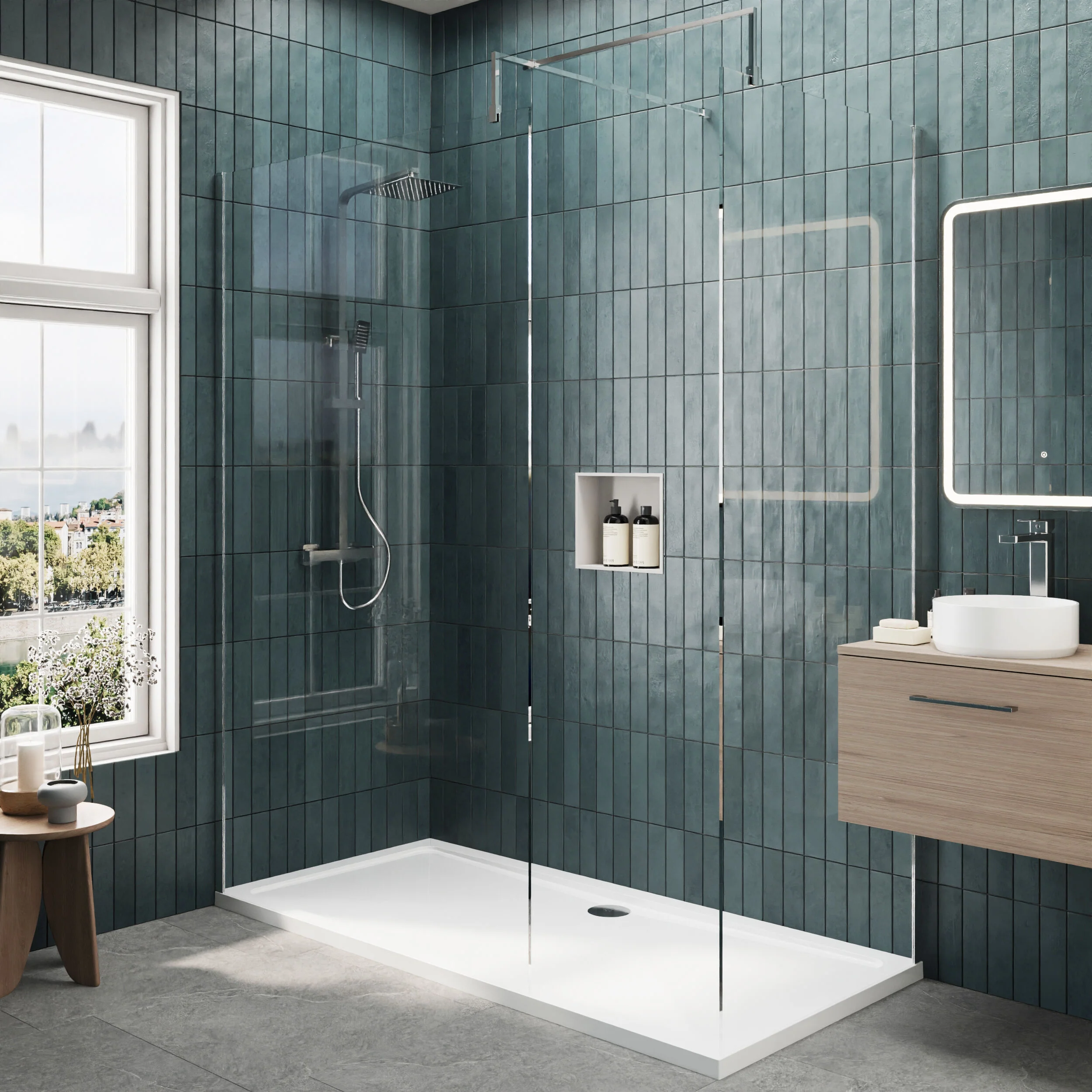 Contemporary 8mm Glass Walk In Wetroom Screens and Shower Tray - Choice of Size and Finish - Image 64