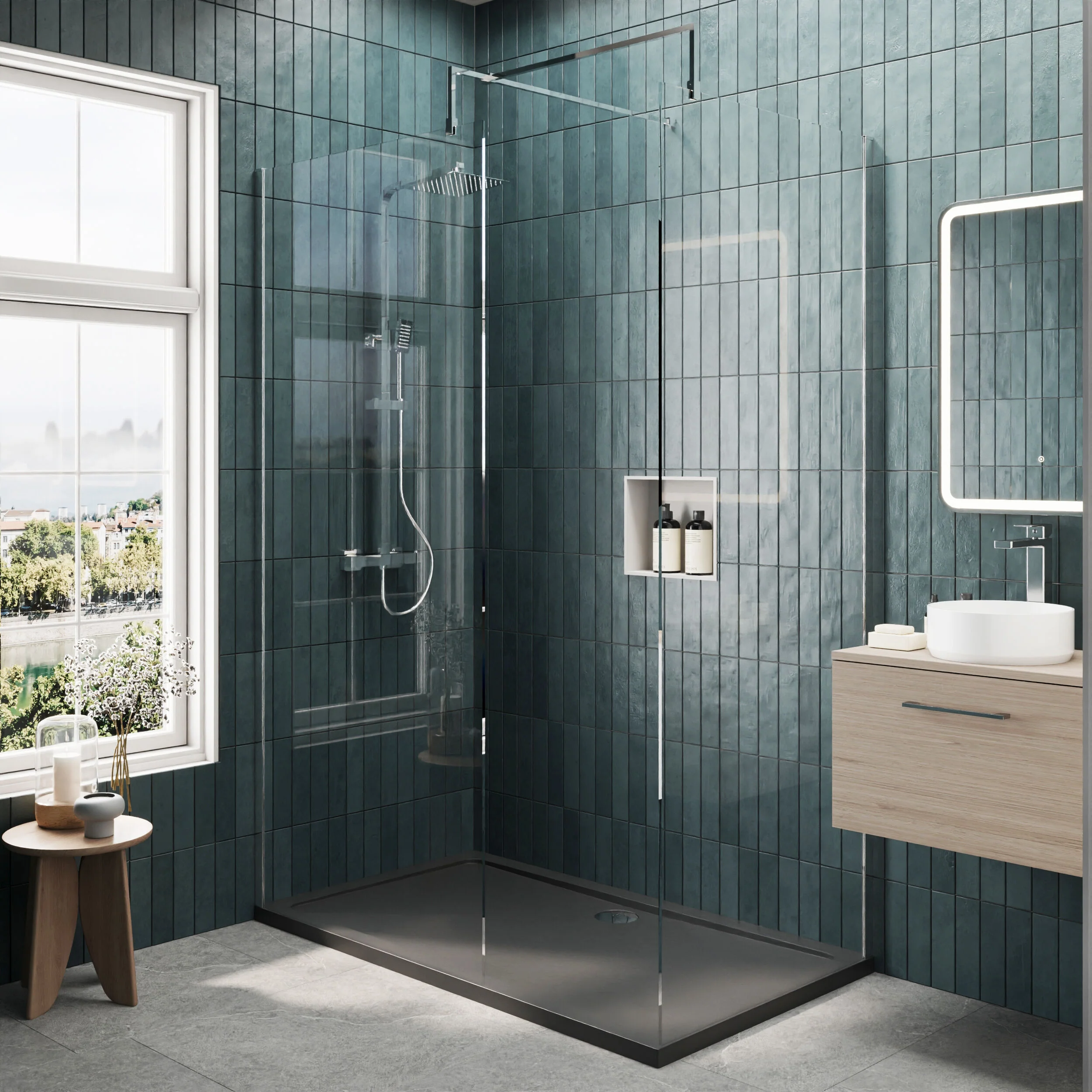Contemporary 8mm Glass Walk In Wetroom Screens and Shower Tray - Choice of Size and Finish - Image 74