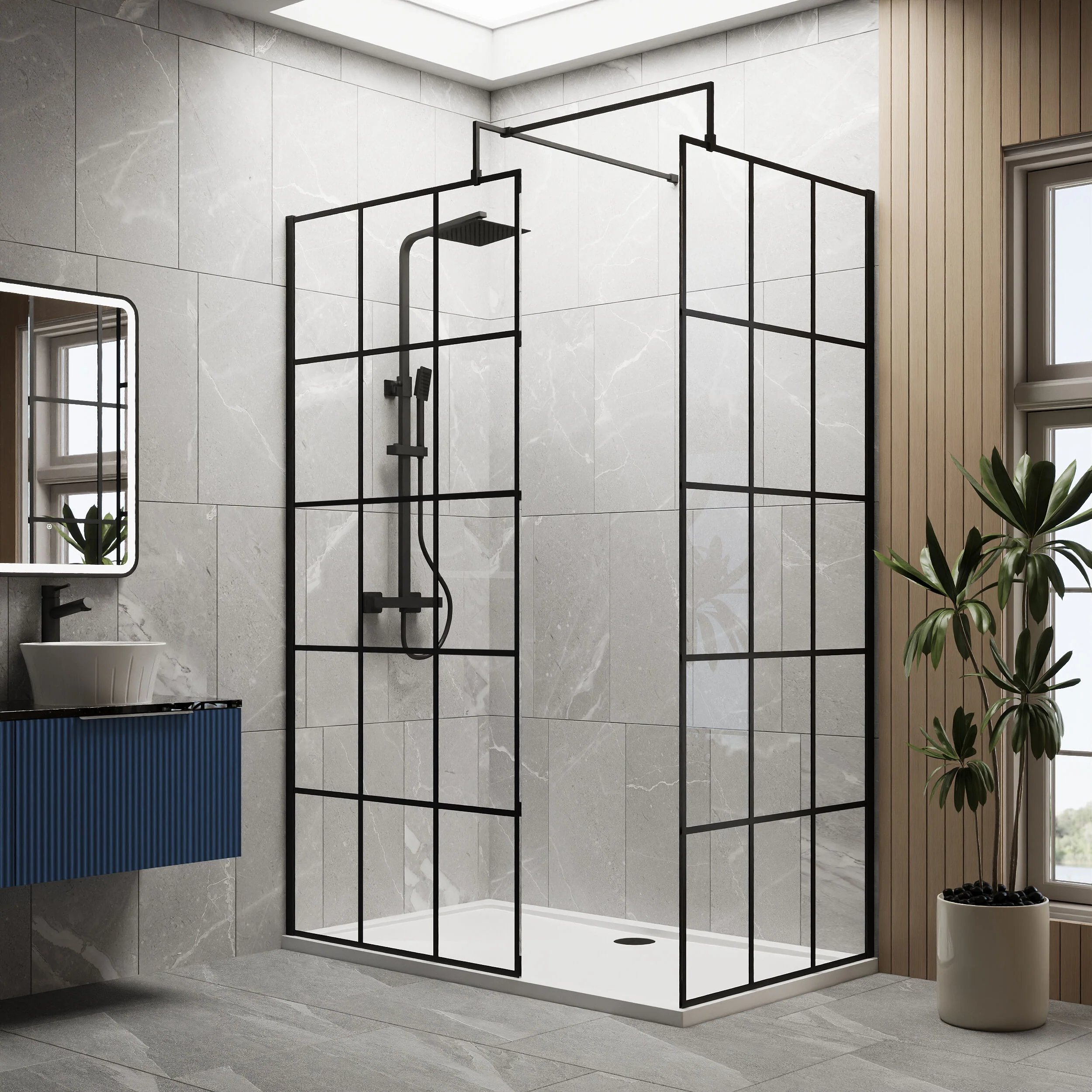 Contemporary 8mm Glass Walk In Wetroom Screens with Matt Black Framed Design and Shower Tray - Choice of Size - Image 24