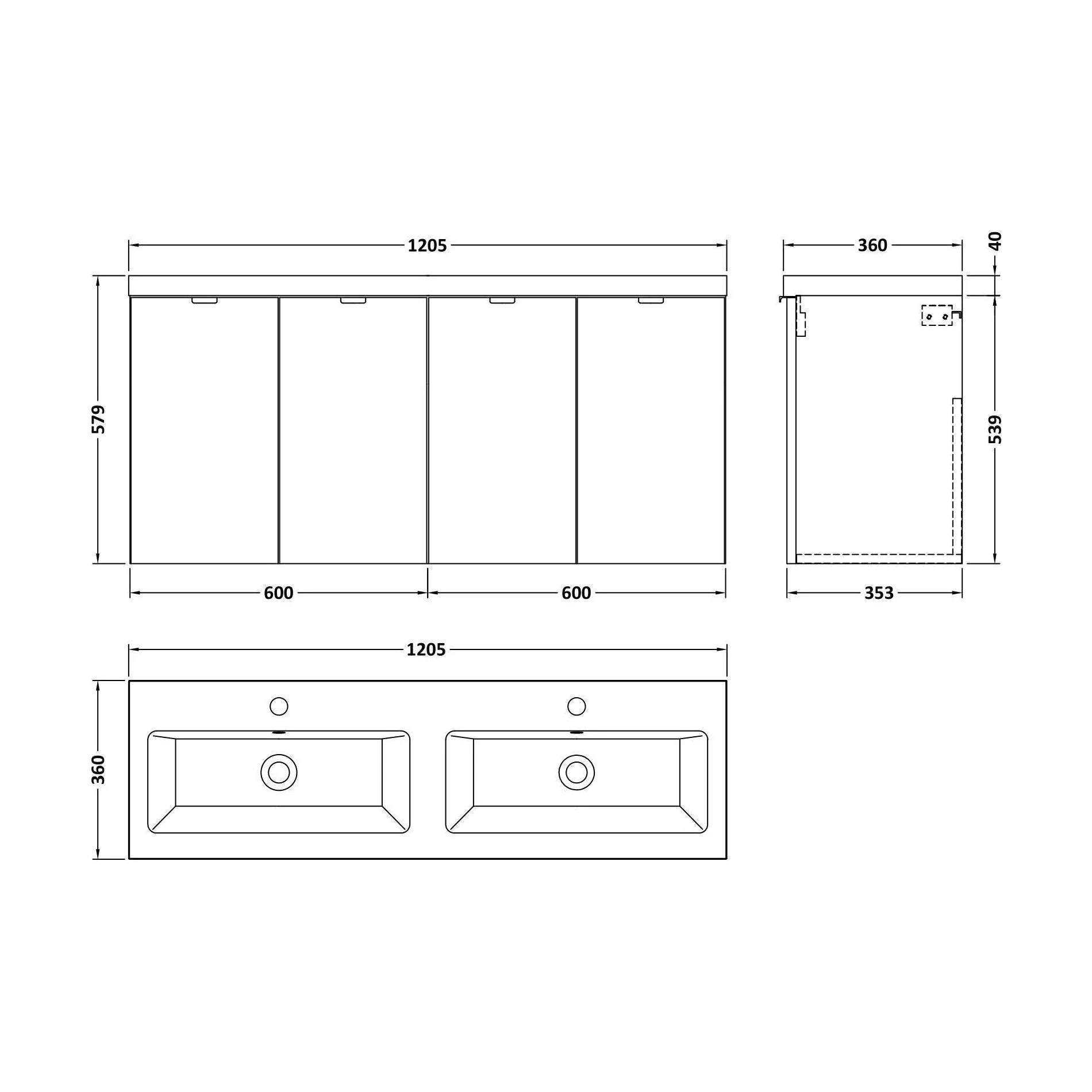 Alrewas Contemporary 2 Door Wall Hung Vanity Unit with Basin, Anthracite Woodgrain, 1200mm - Image 2
