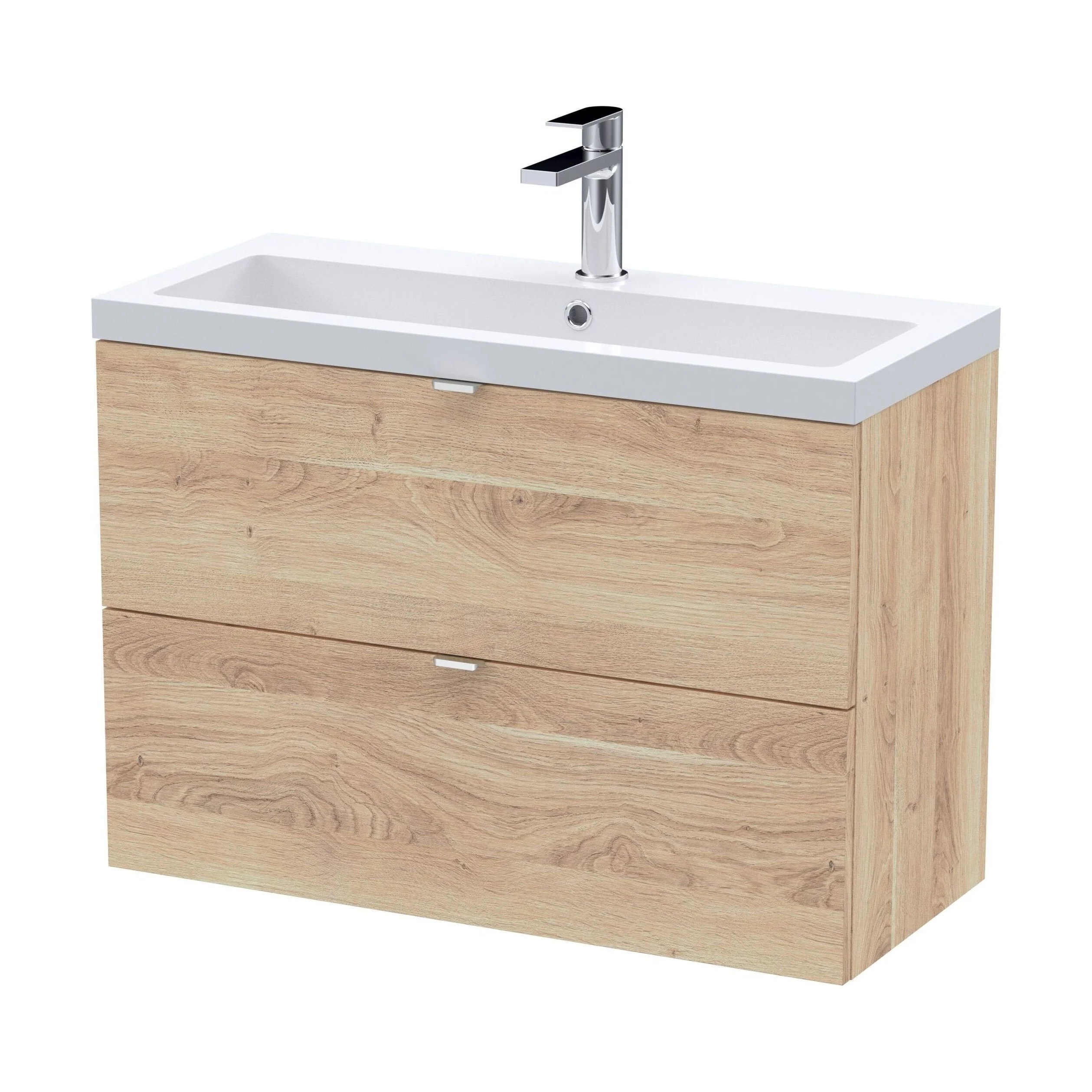 Alrewas Contemporary 2 Drawer Wall Hung Vanity Unit with Basin, Bleached Oak, 800mm