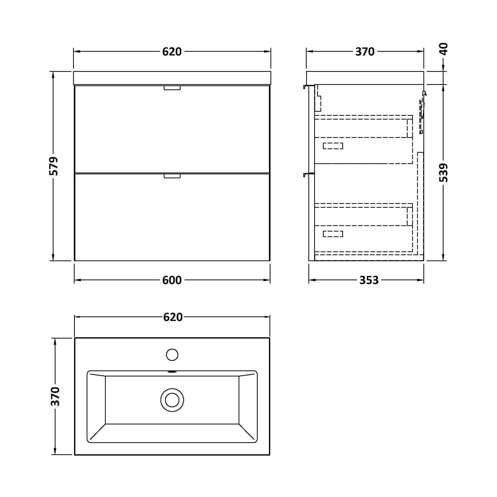 Alrewas Contemporary 2 Drawer Wall Hung Vanity Unit with Basin, Charcoal Black, 600mm - Image 2
