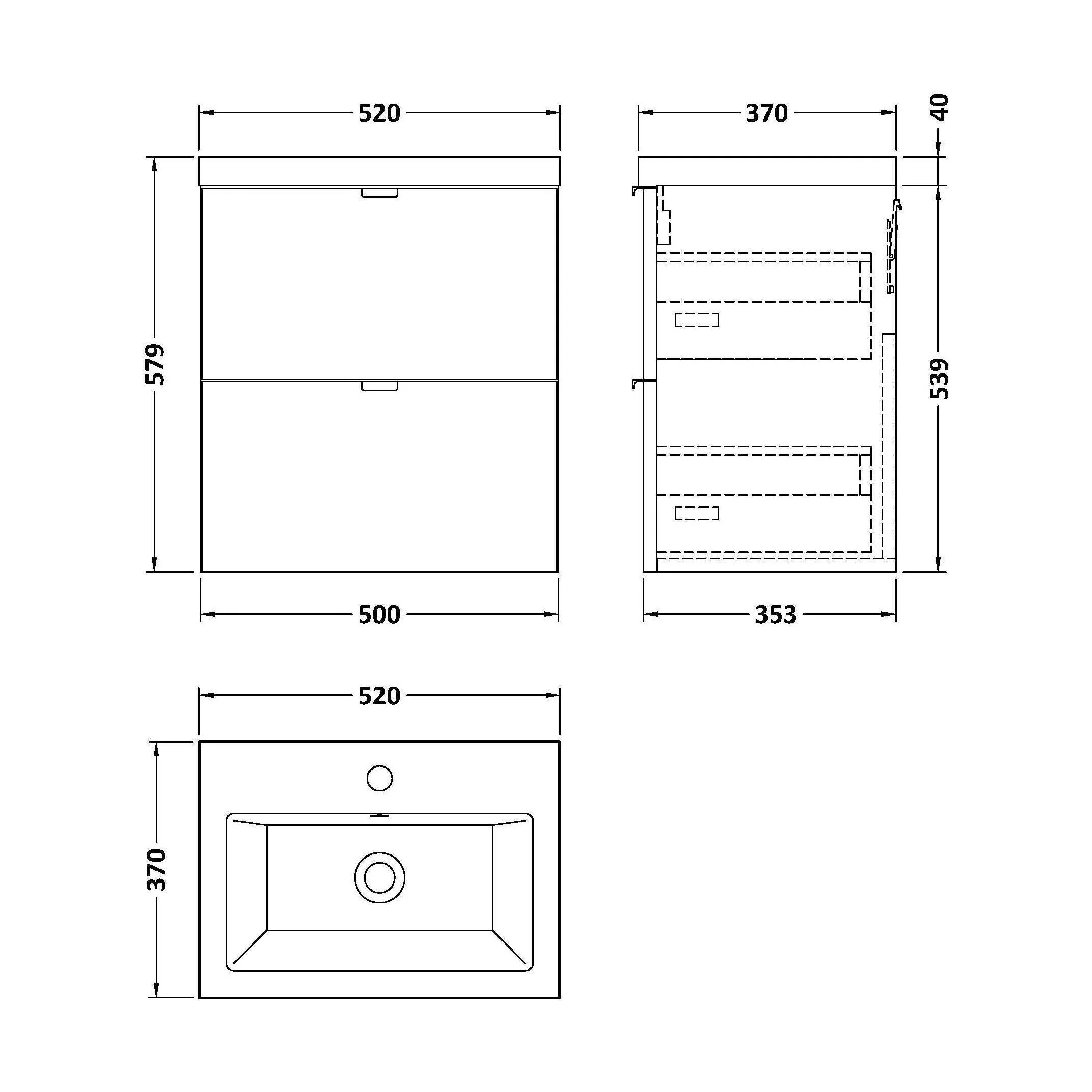 Alrewas Contemporary 2 Drawer Wall Hung Vanity Unit with Basin, Gloss White, 500mm - Image 2
