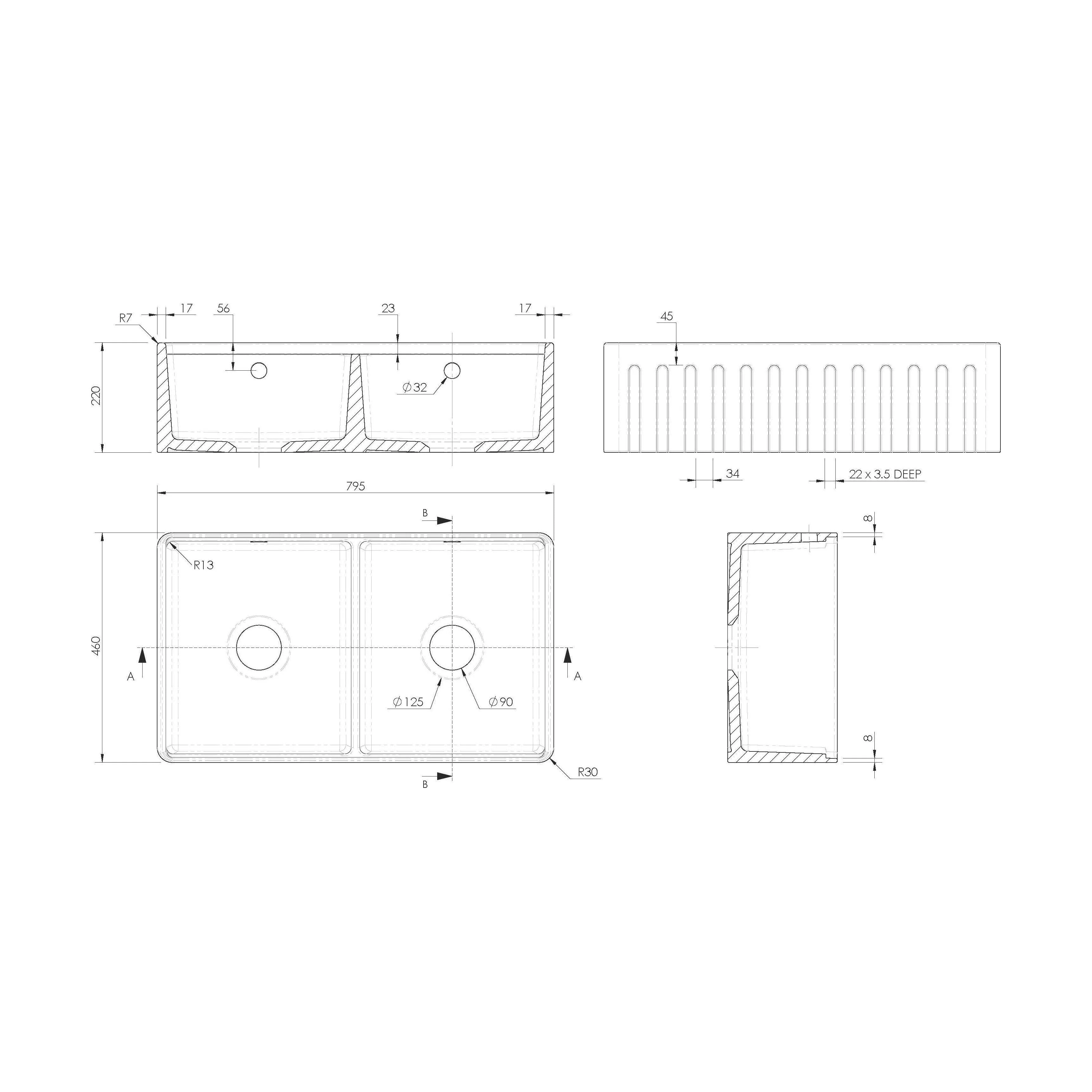 Balterley 2 Tap Holes Double Bowl 795 x 460 x 220mm Fireclay White Fluted Butler Sink With Ledge, Wire Grid And Chopping Board - Image 2
