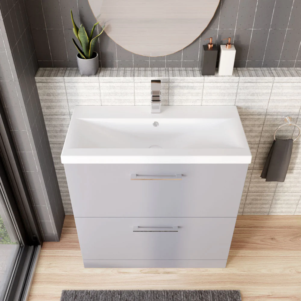 Balterley Contemporary Bathroom Floor Standing 2 Drawer Vanity Unit & Mid-Edge Ceramic Basin, Satin Grey, 800 mm - Image 3
