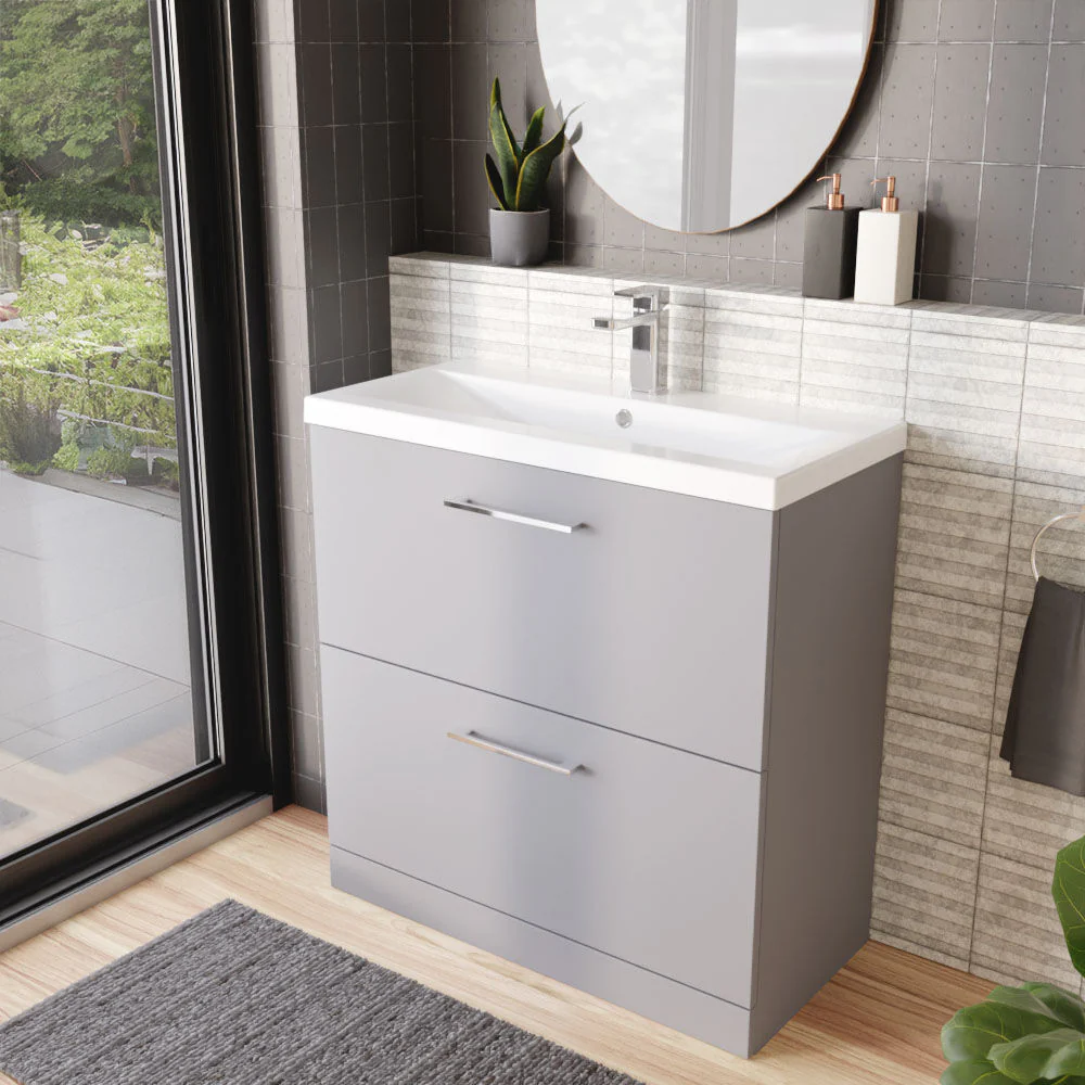 Balterley Contemporary Bathroom Floor Standing 2 Drawer Vanity Unit & Mid-Edge Ceramic Basin, Satin Grey, 800 mm - Image 4