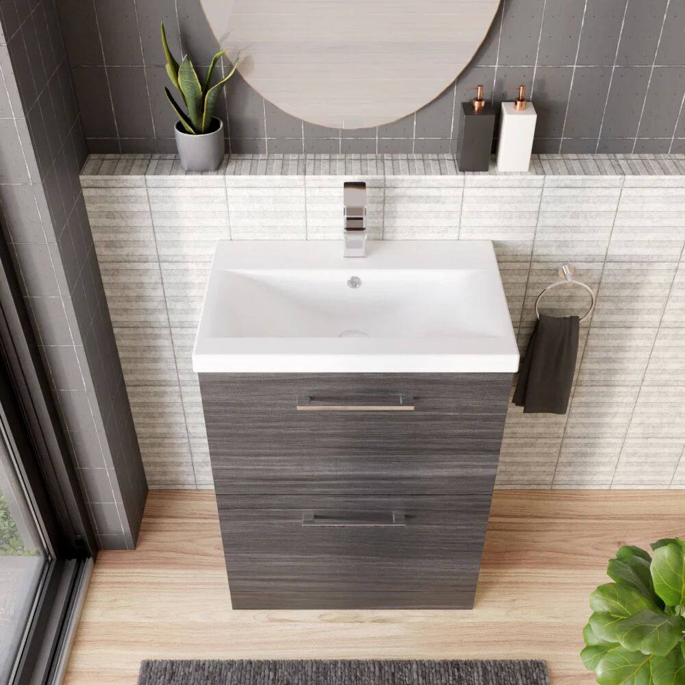 Balterley Contemporary Bathroom Floor Standing 2 Soft-Close Drawer Vanity Unit & Mid-Edge Ceramic Basin, Anthracite, 600 mm - Image 3