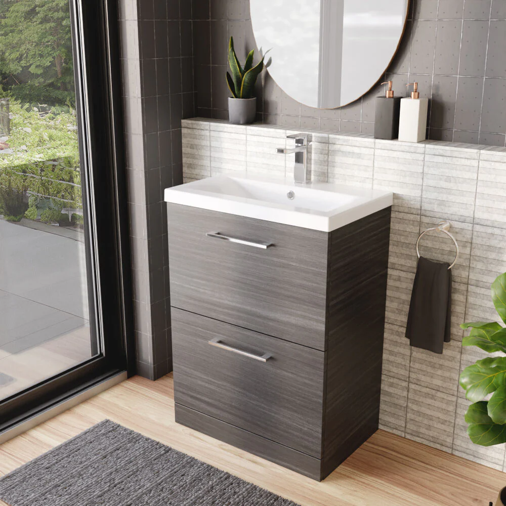Balterley Contemporary Bathroom Floor Standing 2 Soft-Close Drawer Vanity Unit & Mid-Edge Ceramic Basin, Anthracite, 600 mm - Image 4