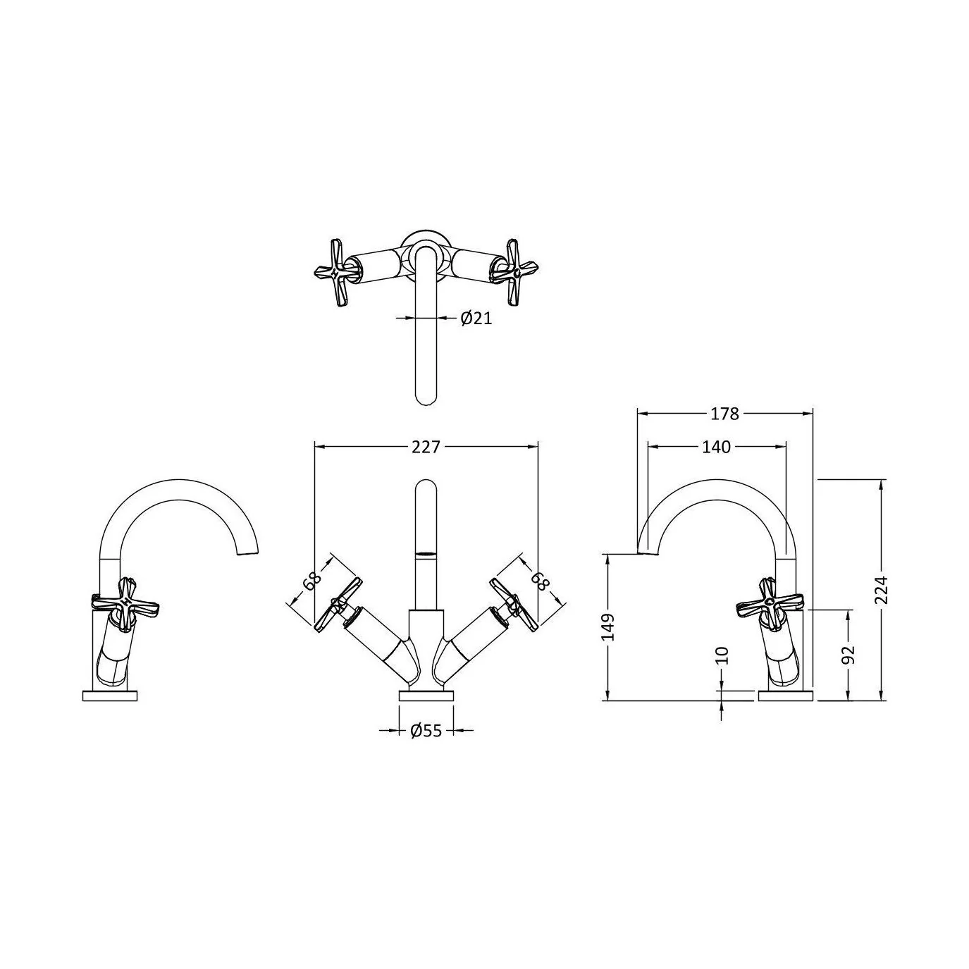 Levedale Mono Basin Mixer Tap with Crosshead Handles and Waste - Choice of Finish - Image 15