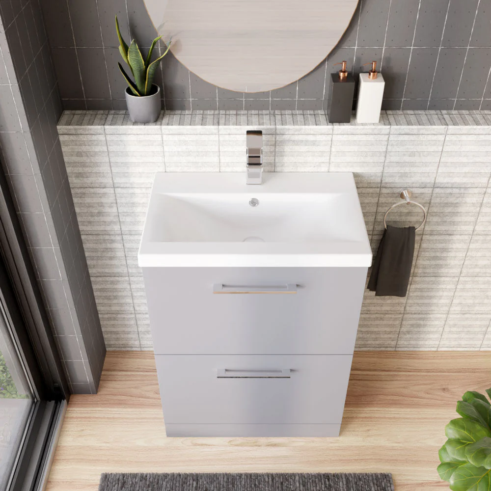 Balterley Modern Bathroom 2 Soft Close Drawer Floor Standing Vanity Unit & Rectangular Mid-Edge Basin, Satin Grey, 600 mm - Image 3