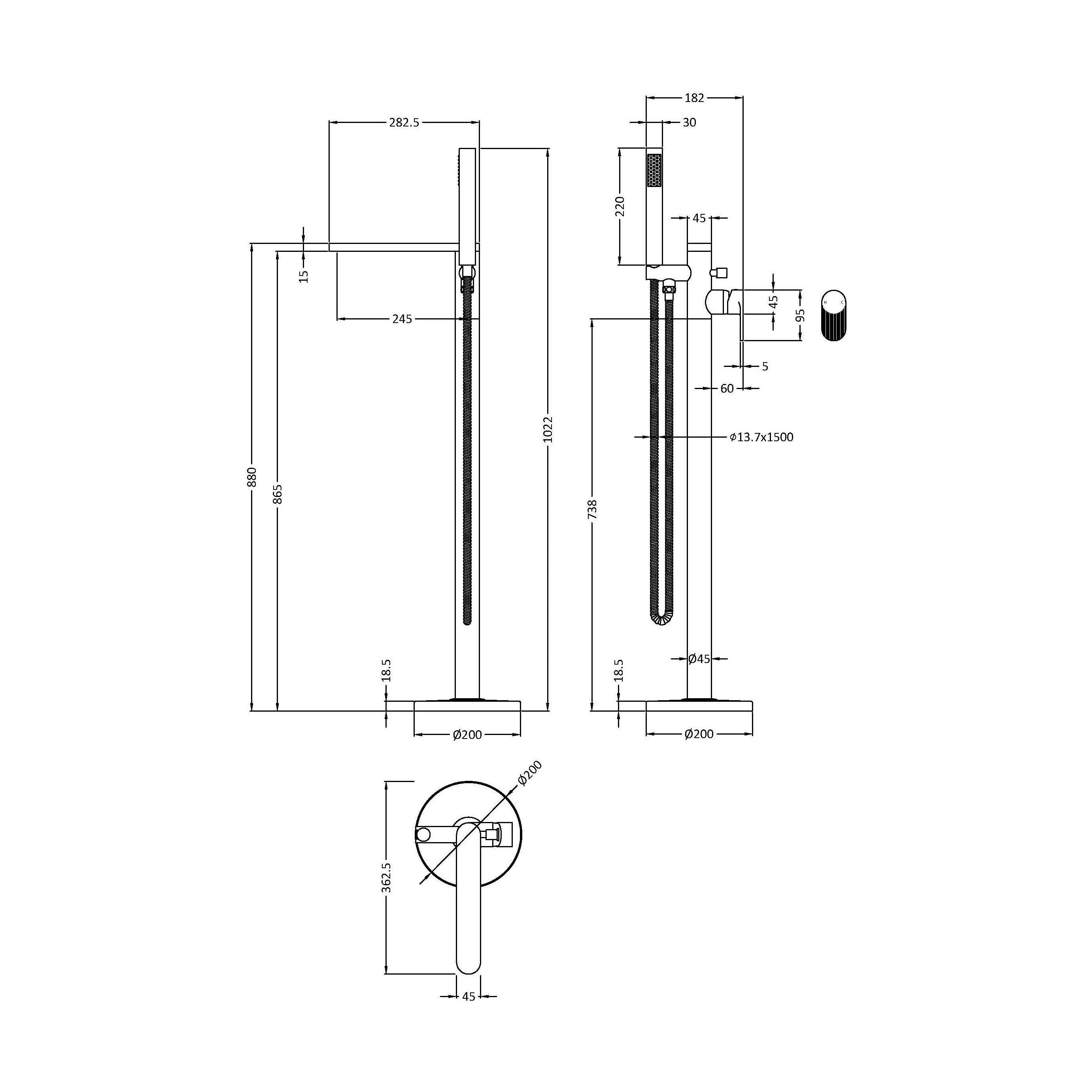 Balterley Modern Freestanding Round Bath Shower Mixer Tap with Fluted Lever Handle and Shower Kit - Brushed Brass Finish - Image 5