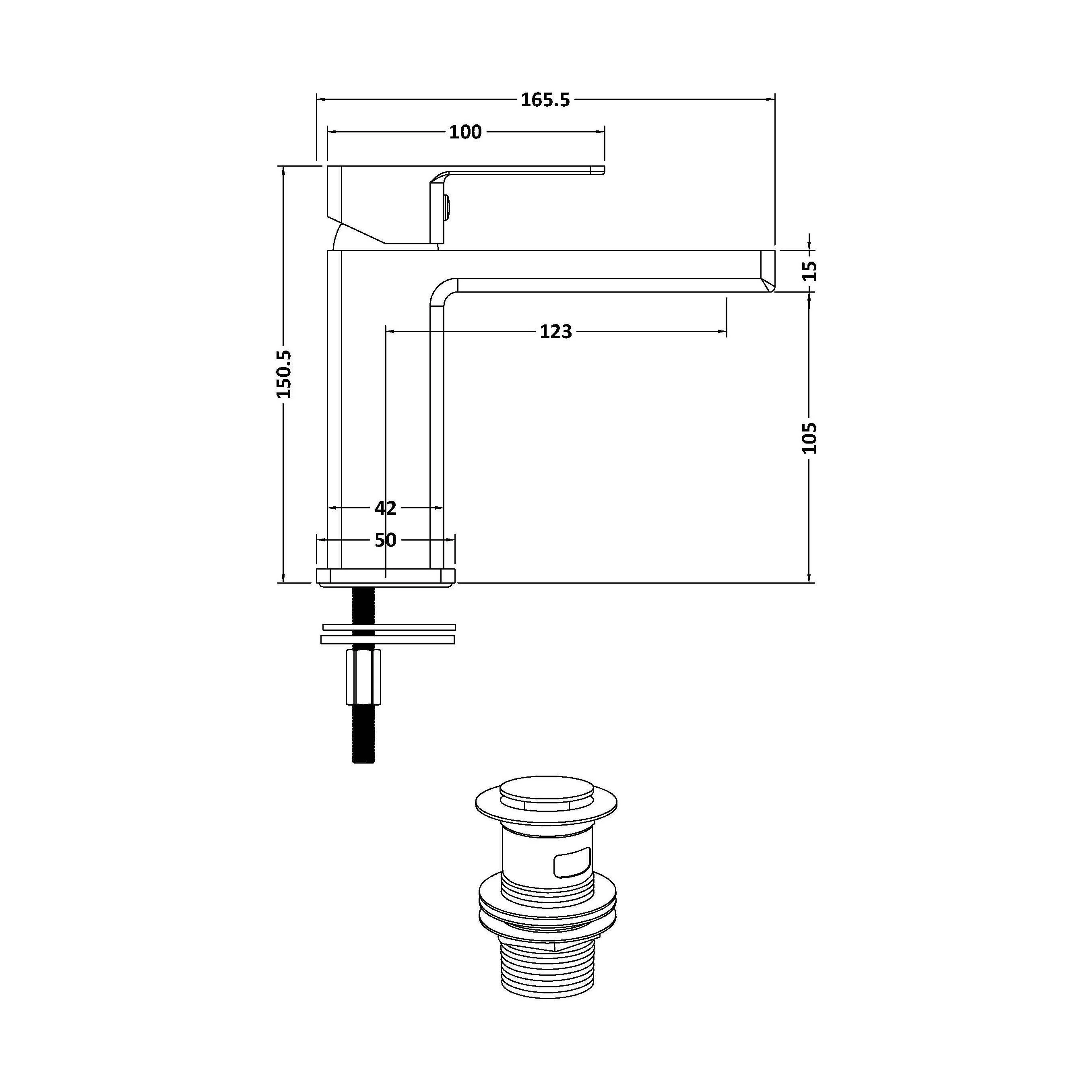 Milldale Contemporary Square Mono Basin Mixer Bathroom Sink Tap with Push Button Waste - Image 11