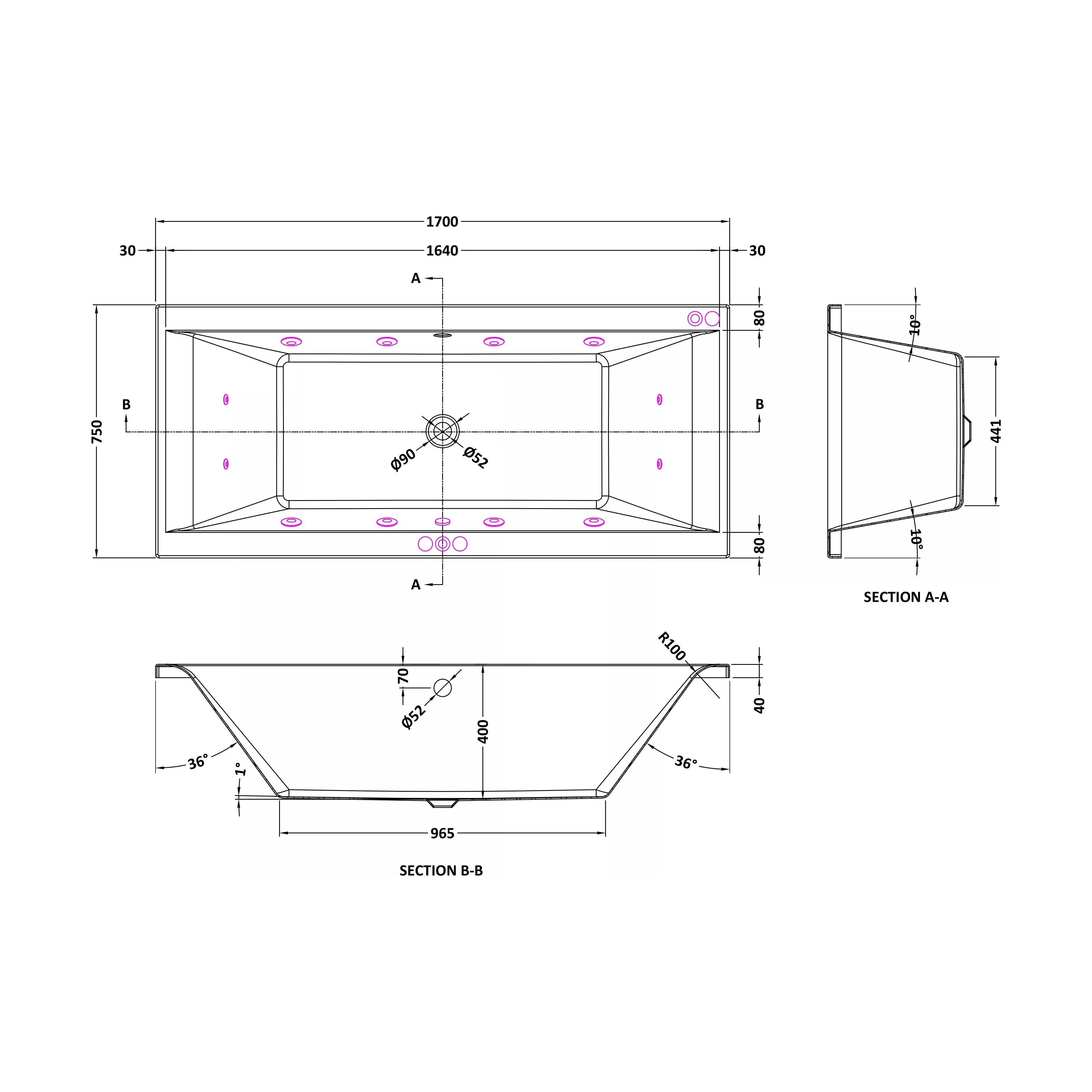Balterley Modern Square Double Ended Straight Whirlpool Bath with 12 Chrome Jets and Leg Set, 1700 x 750mm - Image 2