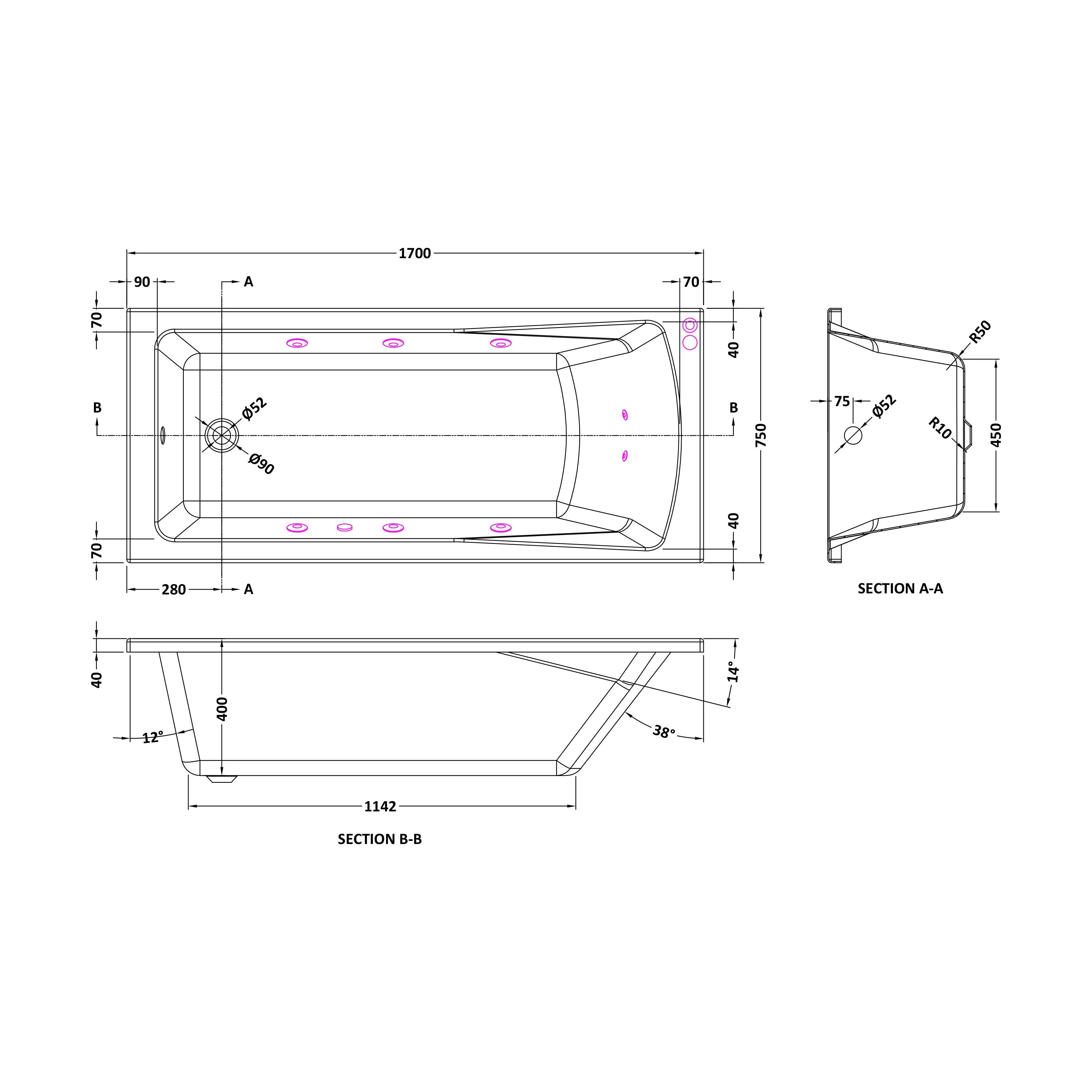 Balterley Modern Square Single Ended Straight Whirlpool Bath with 8 Chrome Jets and Leg Set, 1700 x 750mm - Image 2