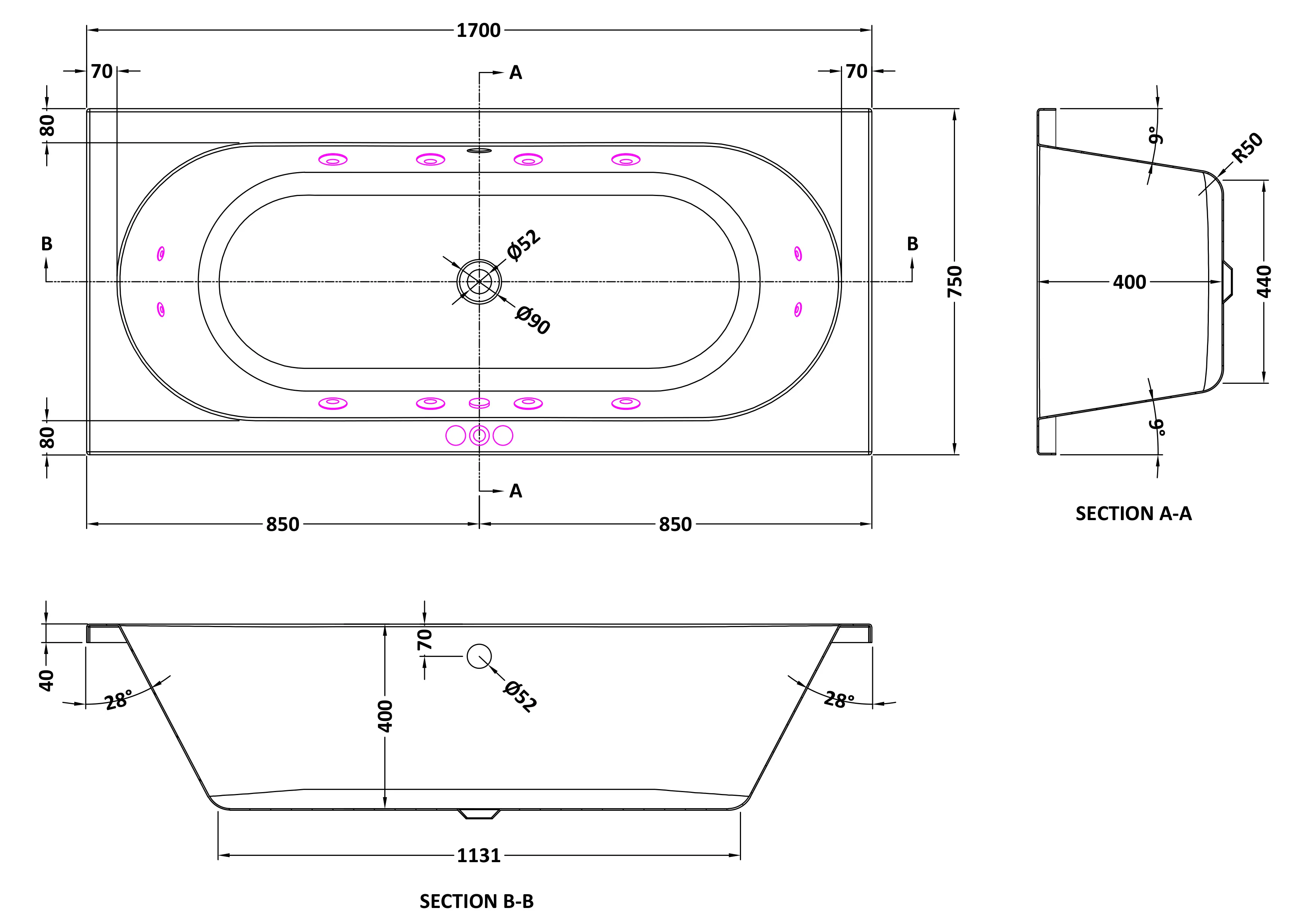 Balterley Modern Round Double Ended Whirlpool Bath with 12 Chrome Jets and Leg Set, 1700 x 750mm - Image 2