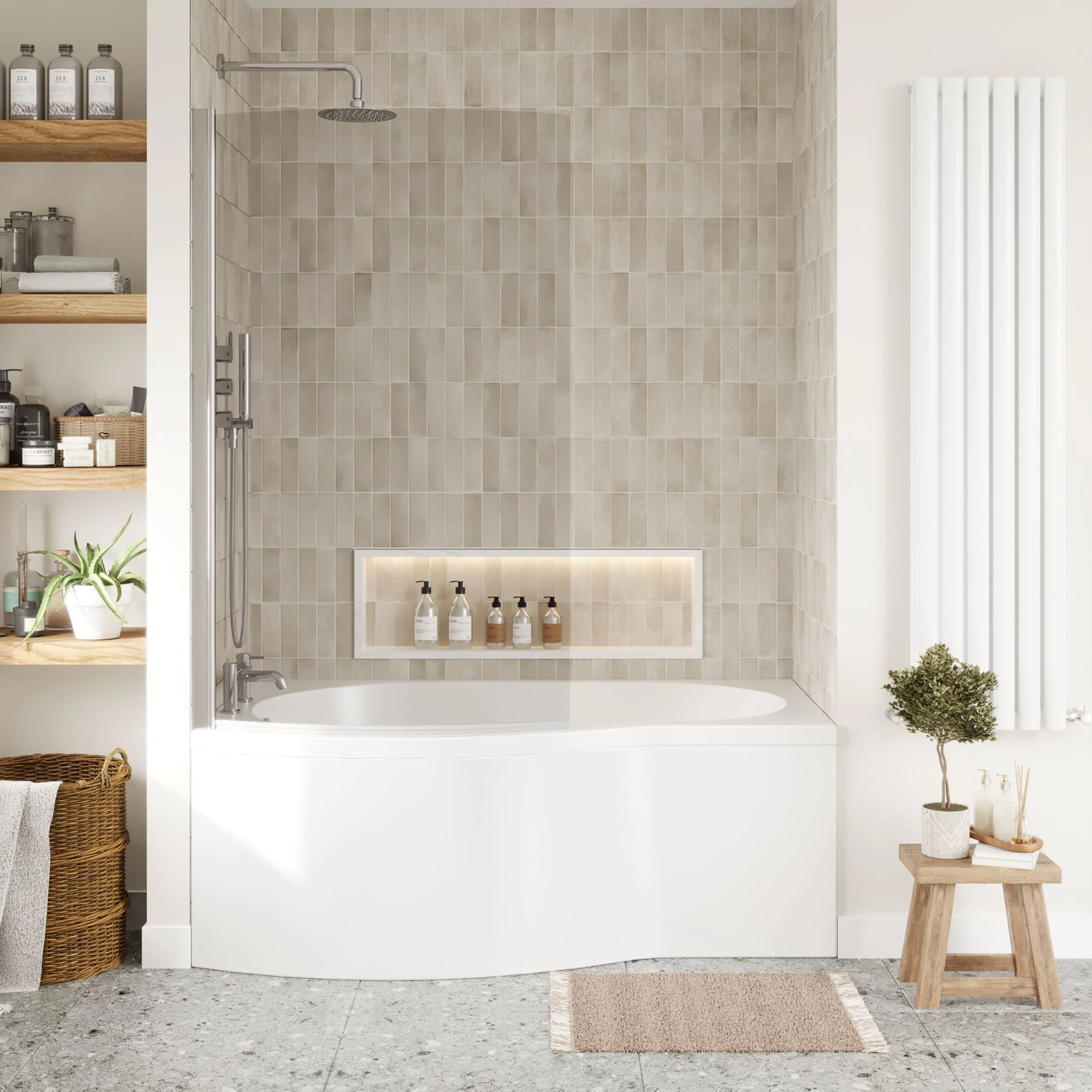 Balterley 1500 mm Left Hand B Shape Shower Bath Bundle & Tub, Curved 6 mm Safety Glass Screen & Matching Front Panel, Gloss White - Image 2