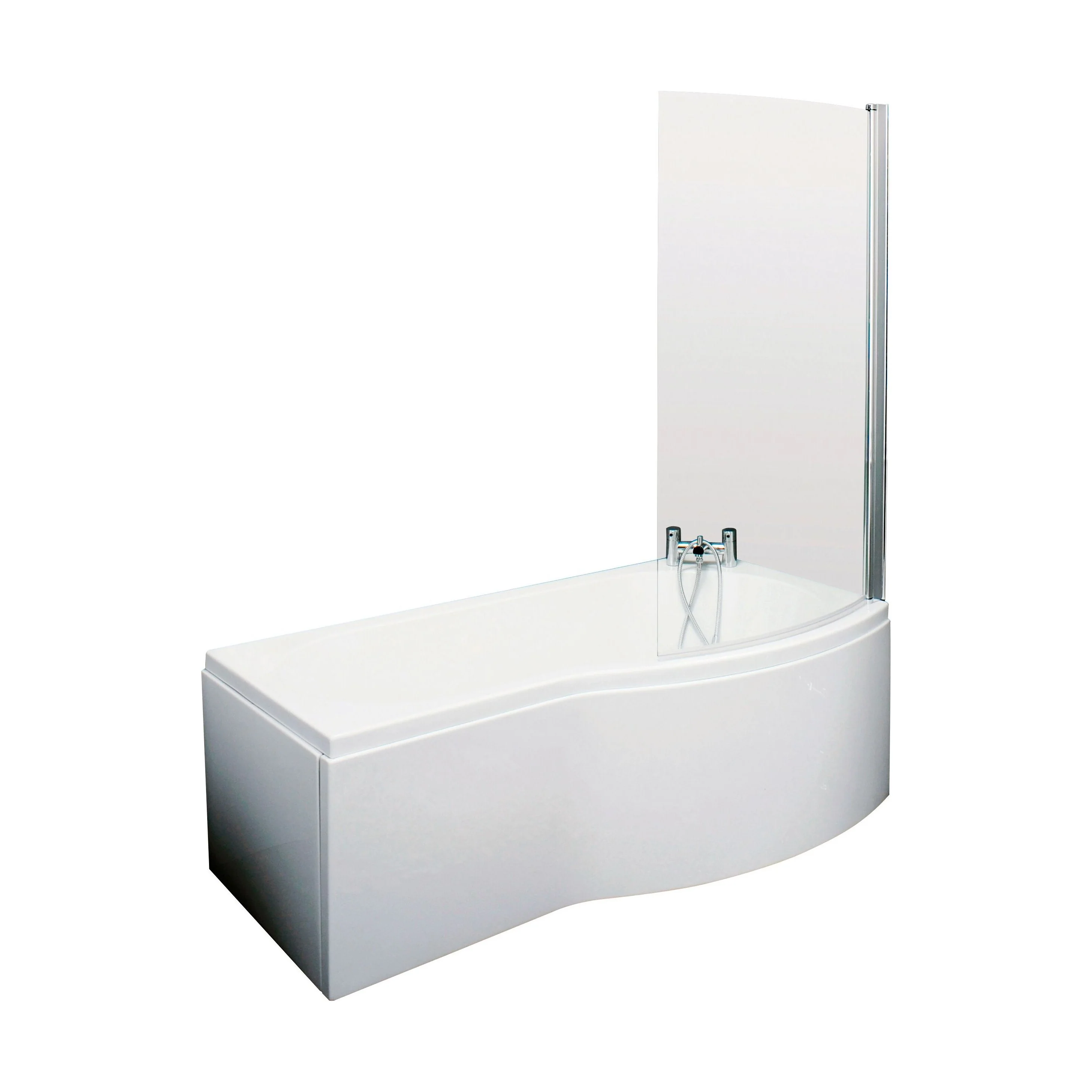Balterley 1500 mm Right Hand B Shape Shower Bath Bundle & Tub, Curved 6 mm Safety Glass Screen & Matching Front Panel, Gloss White