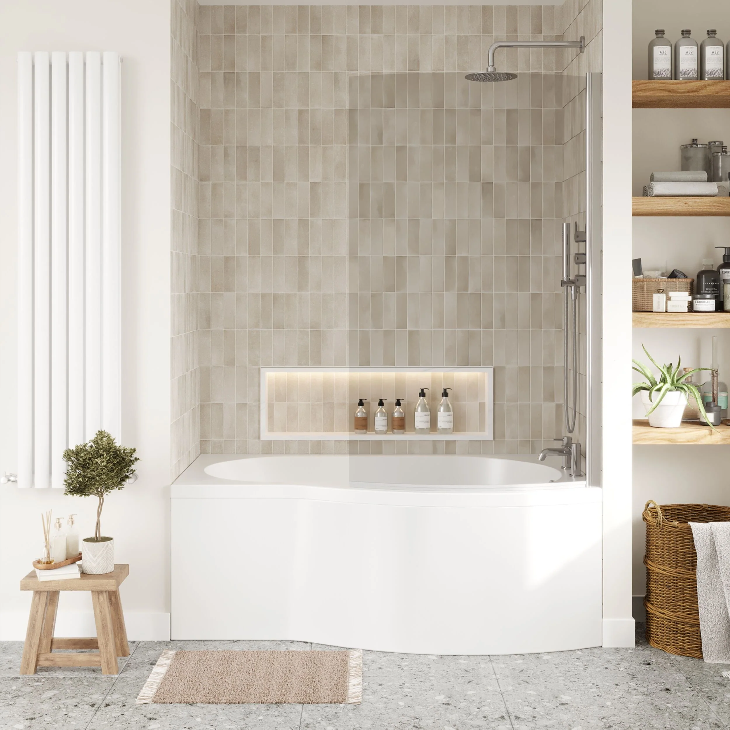 Balterley 1500 mm Right Hand B Shape Shower Bath Bundle & Tub, Curved 6 mm Safety Glass Screen & Matching Front Panel, Gloss White - Image 2