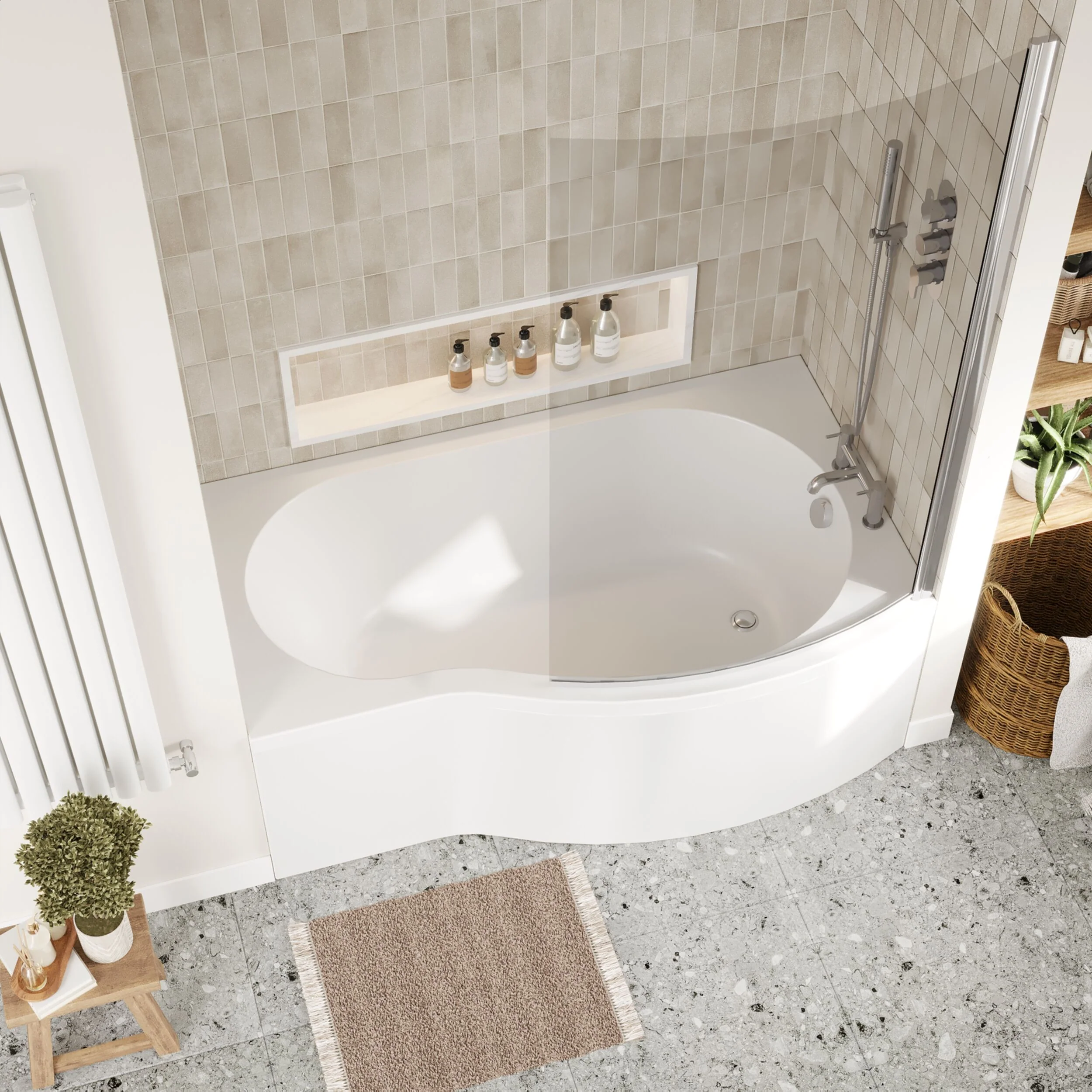 Balterley 1500 mm Right Hand B Shape Shower Bath Bundle & Tub, Curved 6 mm Safety Glass Screen & Matching Front Panel, Gloss White - Image 3
