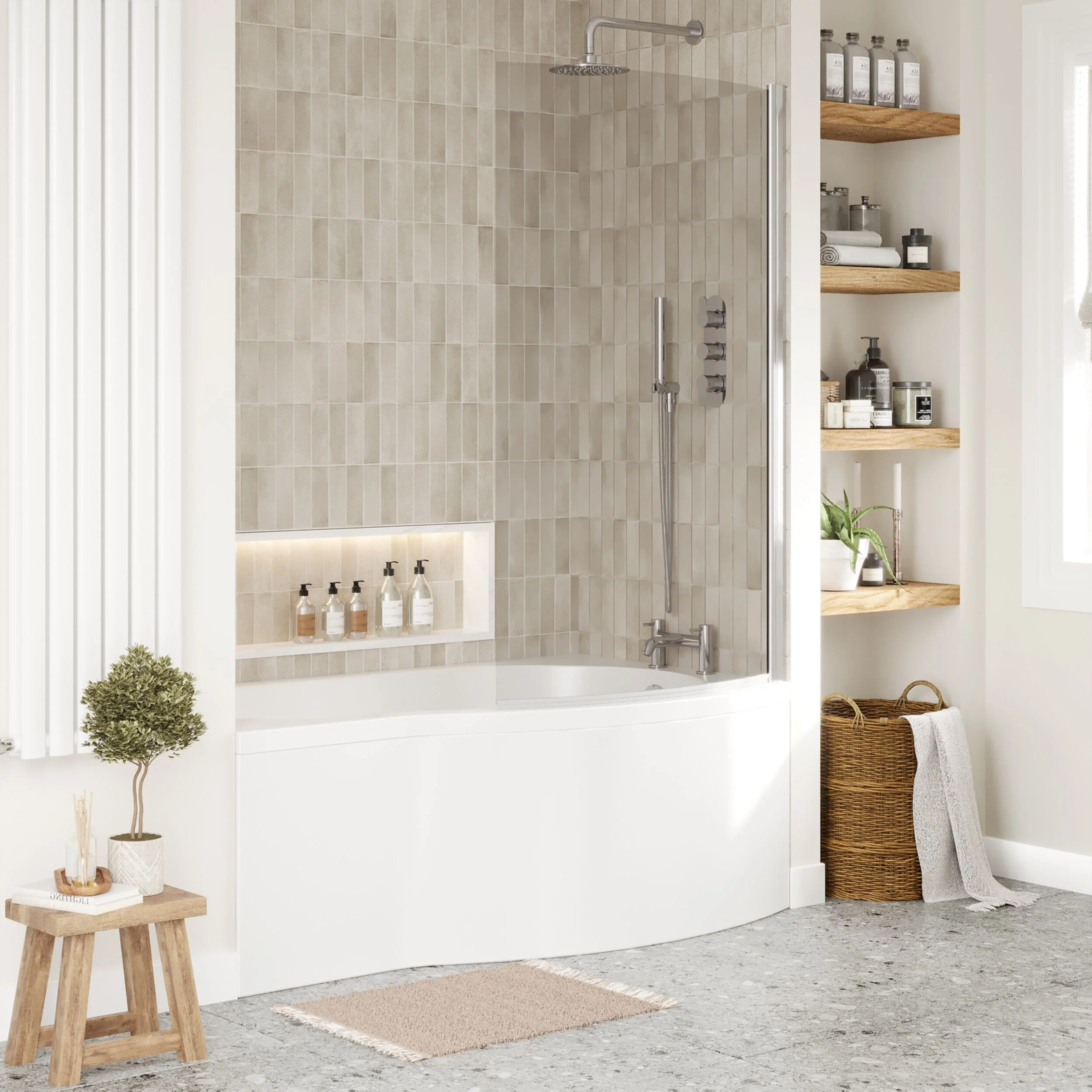 Balterley 1500 mm Right Hand B Shape Shower Bath Bundle & Tub, Curved 6 mm Safety Glass Screen & Matching Front Panel, Gloss White - Image 4