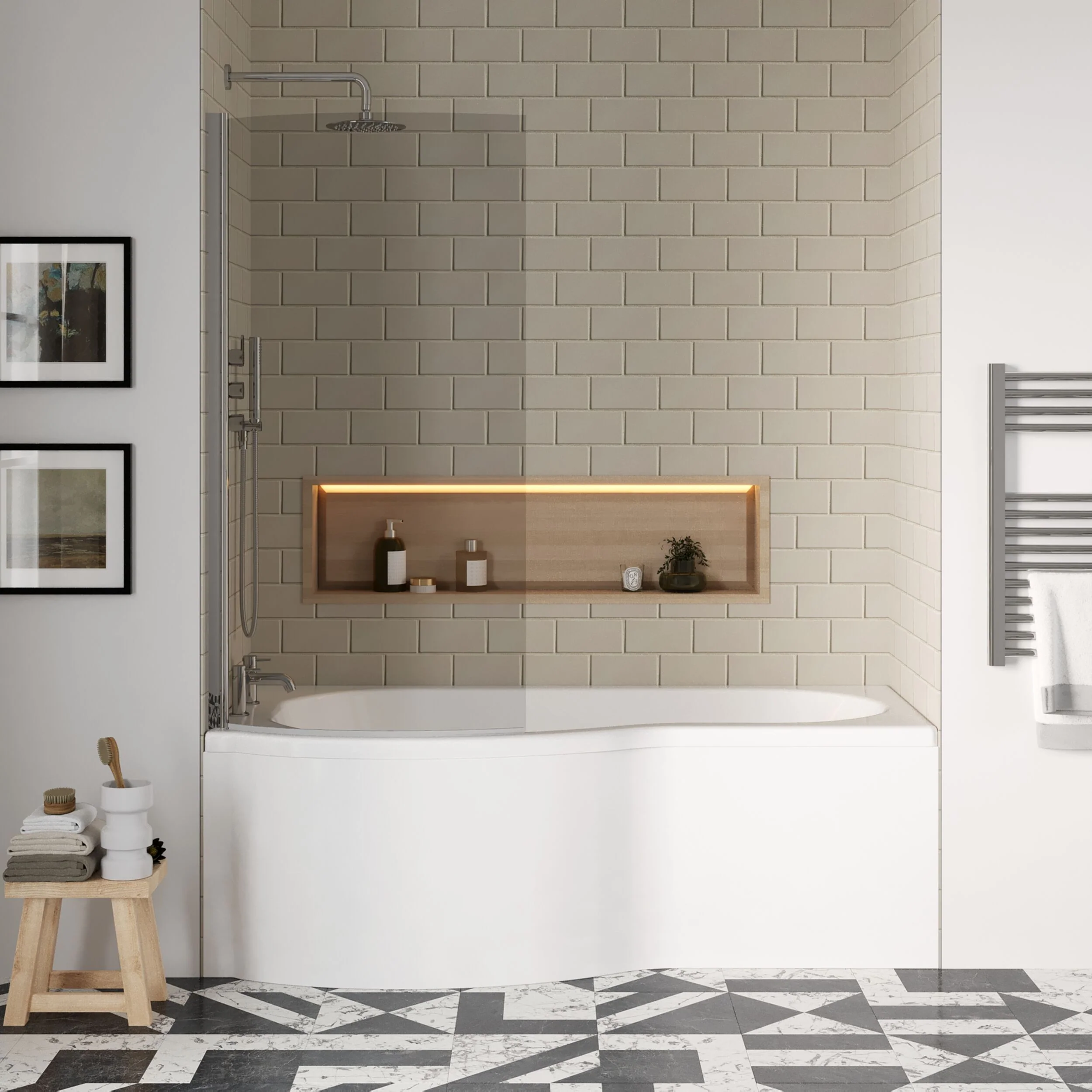 Balterley 1700 mm Left Hand P Shape Square Shower Bath with Glass Screen & Matching Front Panel Modern White Design - Image 2