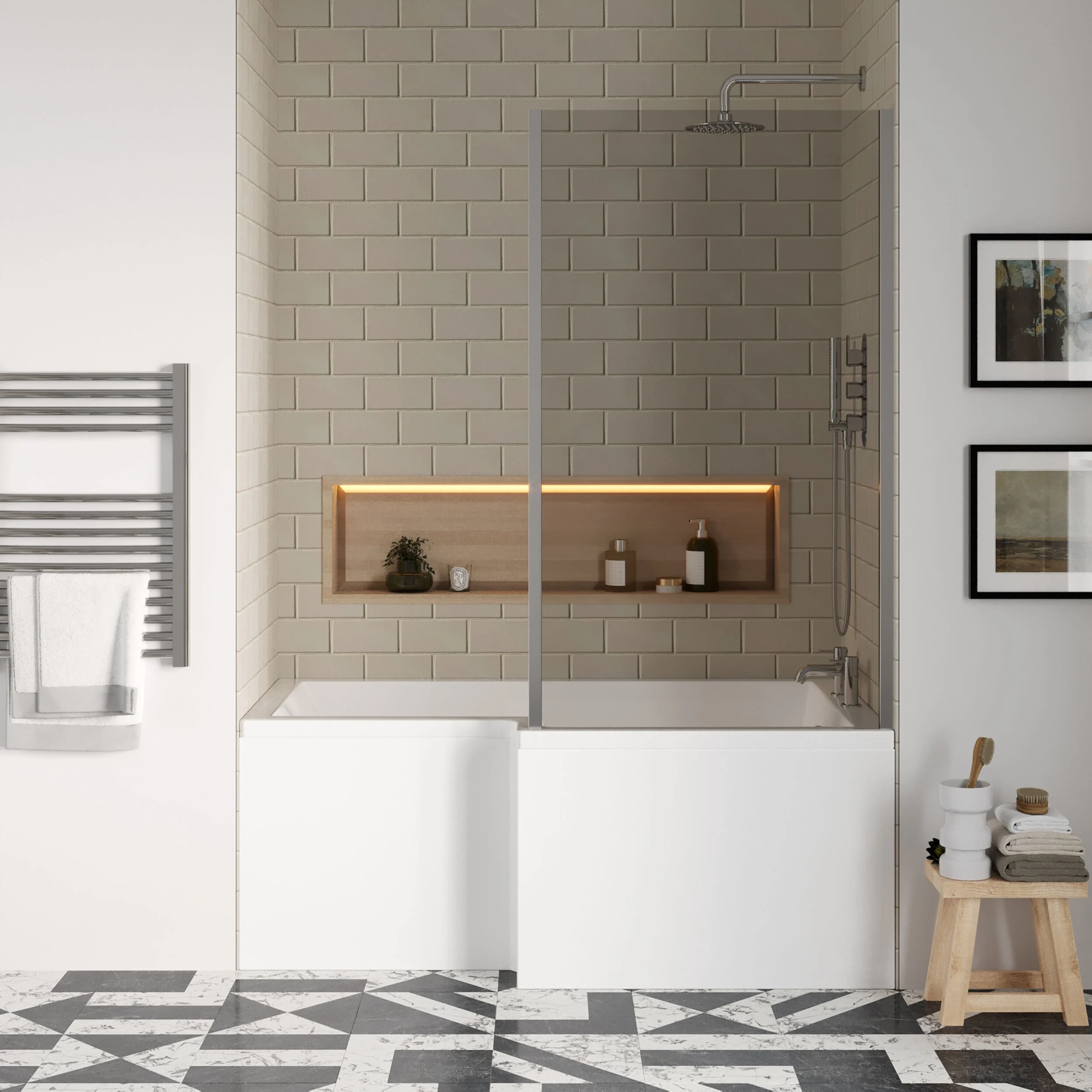 Balterley 1500 mm Right Hand L Shape Shower Bath Bundle & Tub, Curved 6 mm Safety Glass Screen & Matching Front Panel, Gloss White - Image 2
