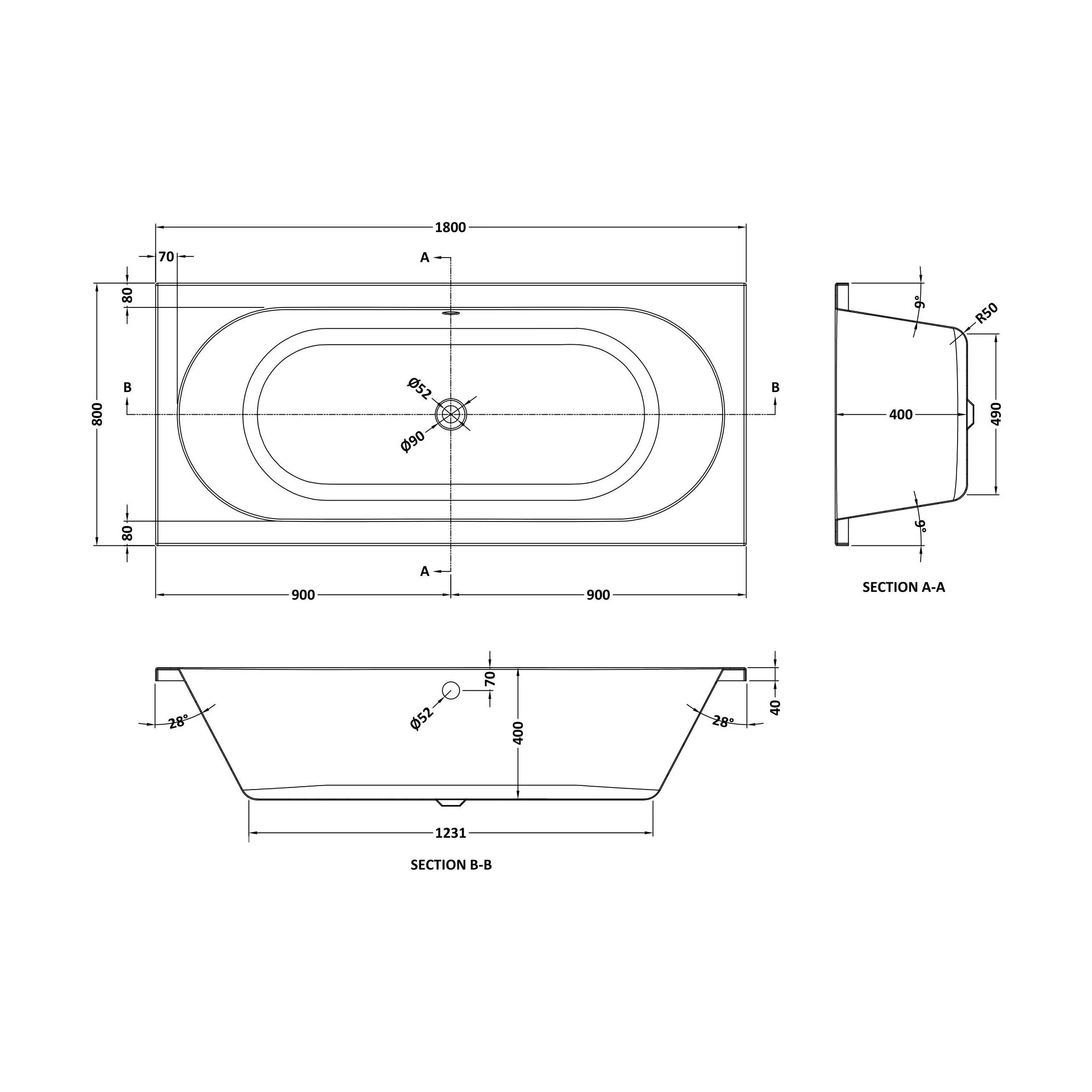 Balterley Modern Double Ended Straight Shower Bath with Leg Set, 1700mm x 700mm (Tap, Waste and Panel Not Included) - White - Image 10