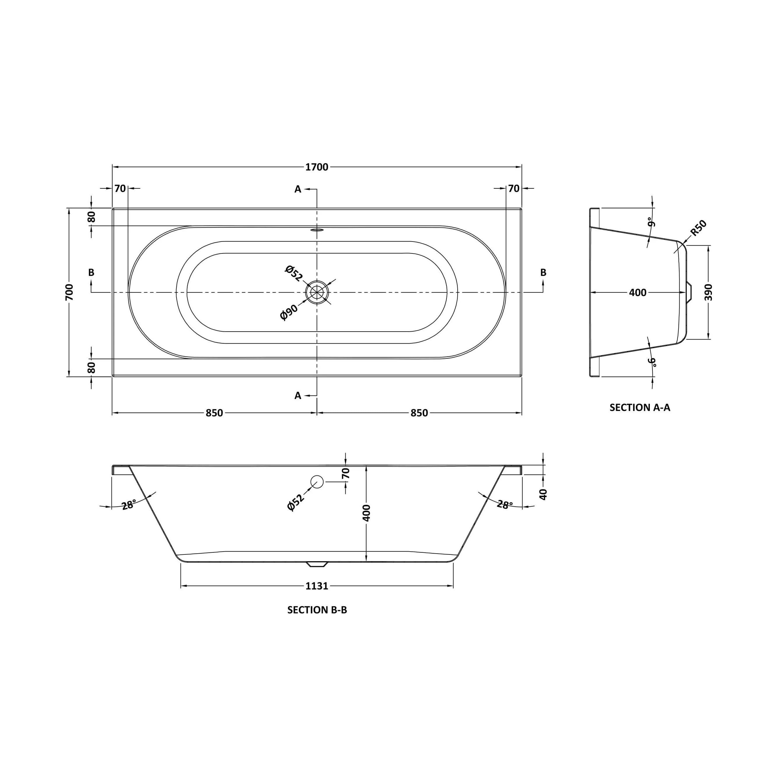 Balterley Modern Double Ended Straight Shower Bath with Leg Set, 1700mm x 700mm (Tap, Waste and Panel Not Included) - White - Image 9