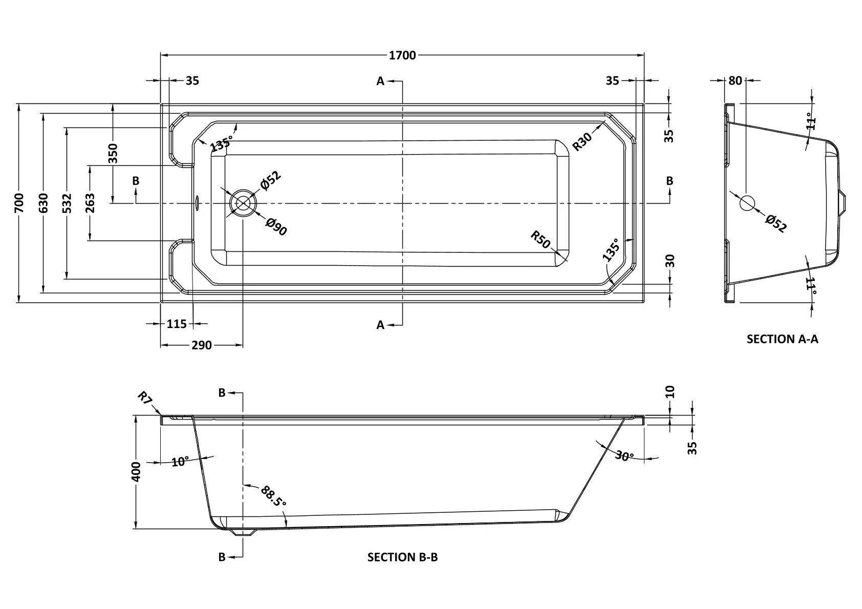 Harrington Traditional Straight Single Ended Bath Tub, Choice of Size - Image 2