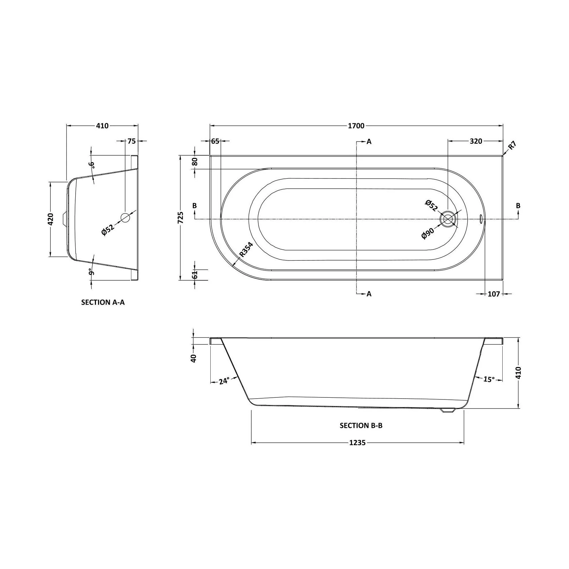 Kingsley Right Hand Back to Wall Corner J Shaped Bath Tub and Panel (Taps and Waste Not Included) - 1700mm - Balterley - Image 2