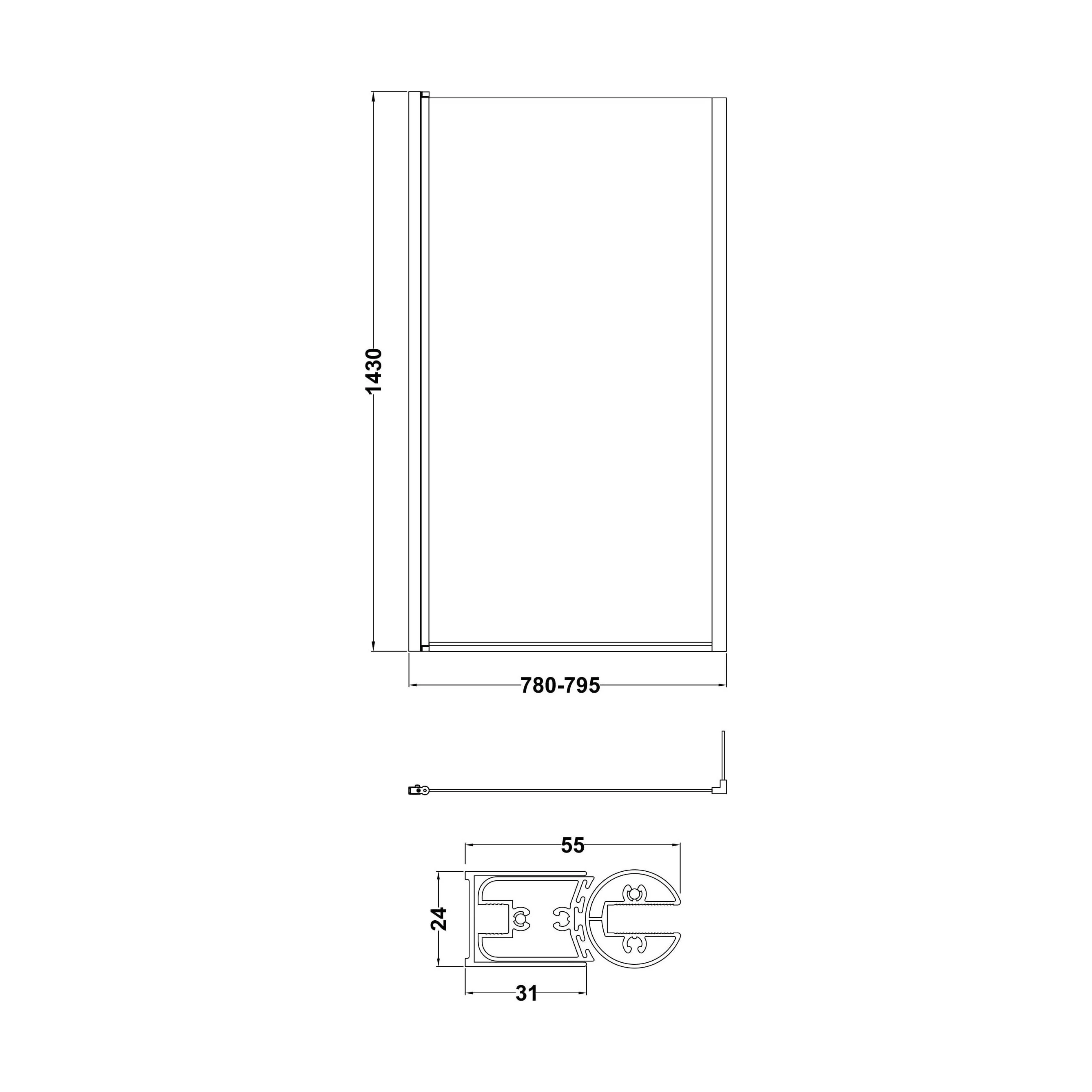 Contemporary 6mm Toughened Safety Glass Square Hinged Bath Screen with Fixed Return - 1430 x 795 x 24mm - Brushed Brass - Image 3