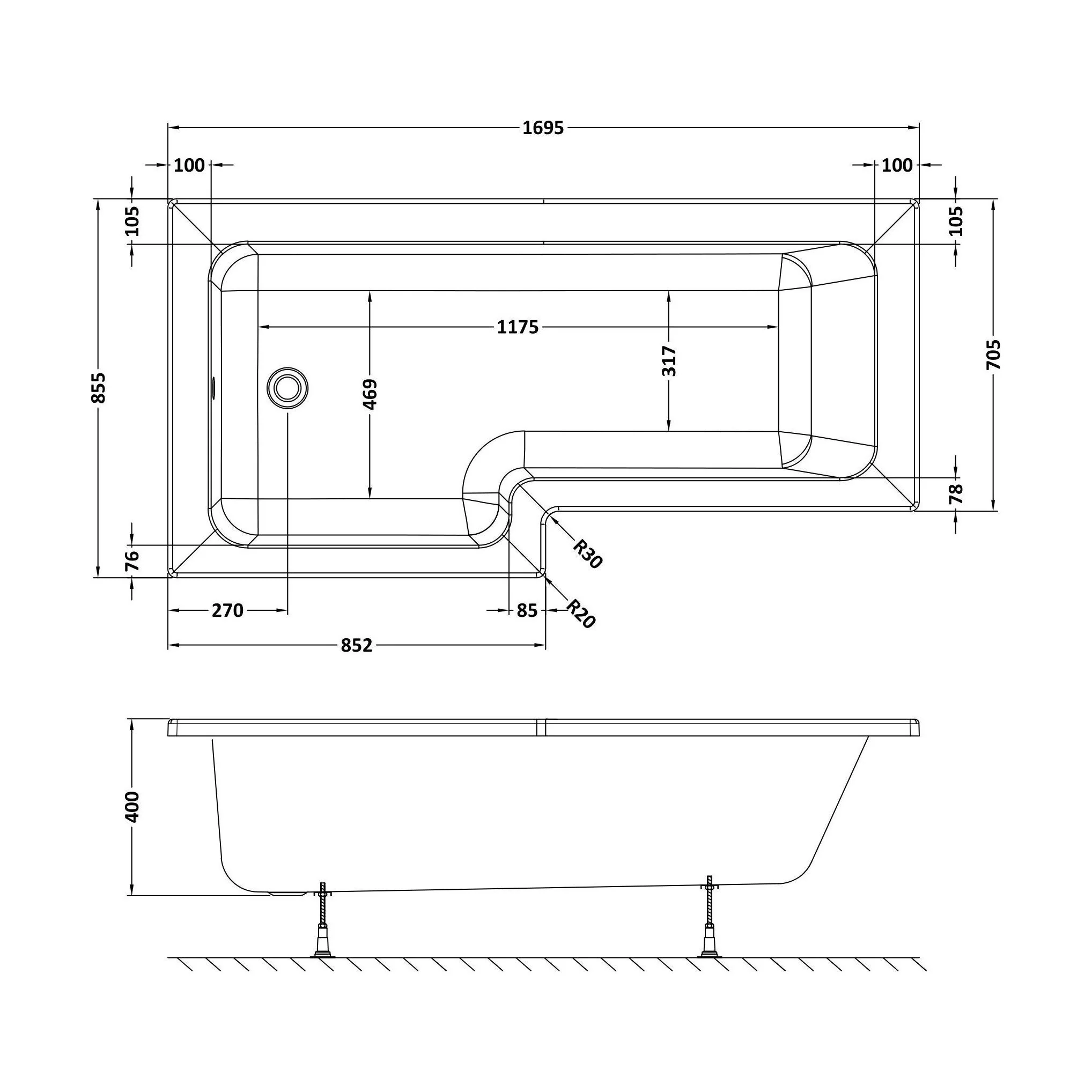 L-Shape Whirlpool Shower Bath with 8 Chrome Jets and Leg Set, Left Hand, 1700mm - Image 2