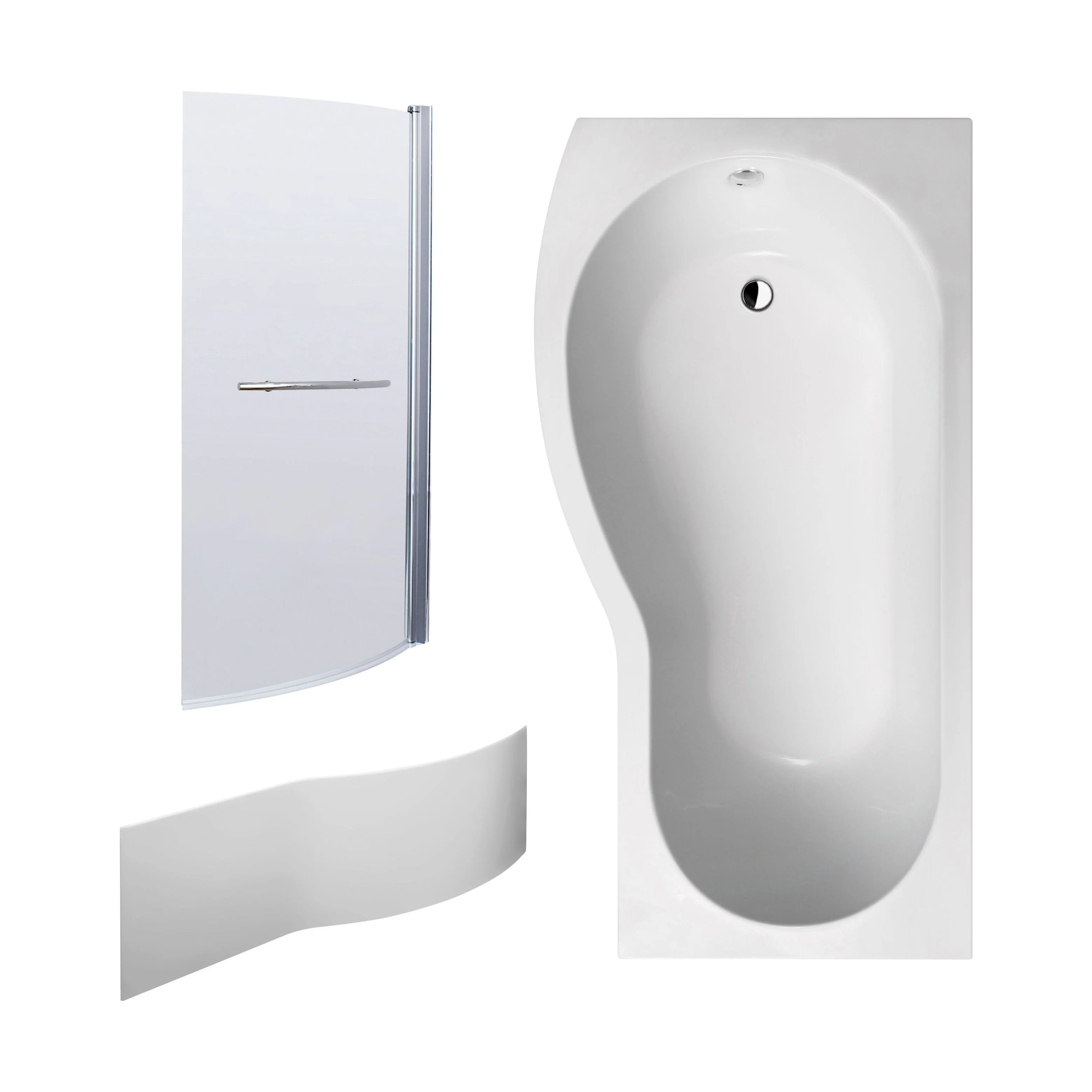 B Shape 1700x900 Left Hand Bath Set - Front Panel, Screen with Towel Rail - Chrome