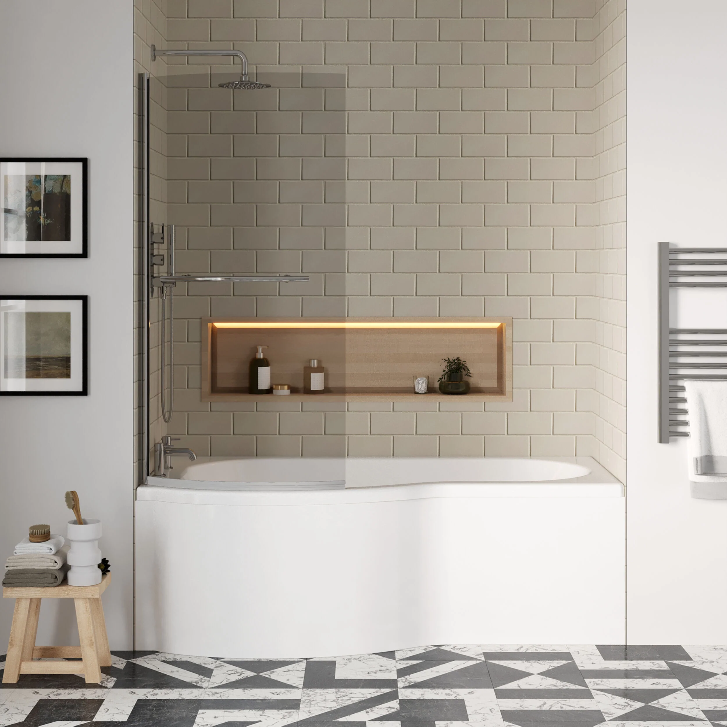 P Shape 1700x850 Left Hand Shower Bath Set - Front Panel, Chrome Curved P Bath Screen with Towel Rail & Leg Set - Image 2